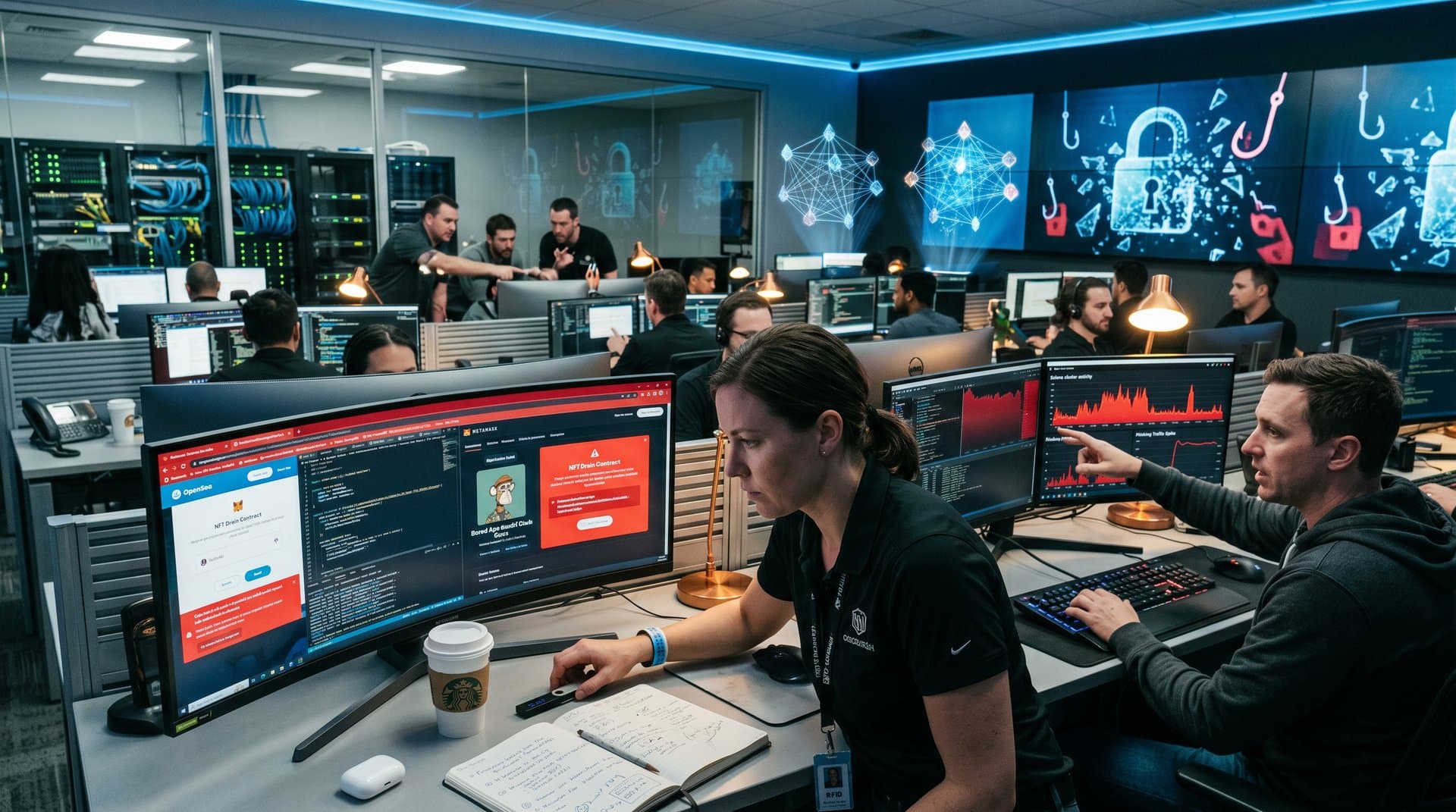 Cybersecurity screens show NFT phishing attacks on OpenSea-like sites and Etherscan drains in neon-lit ops center