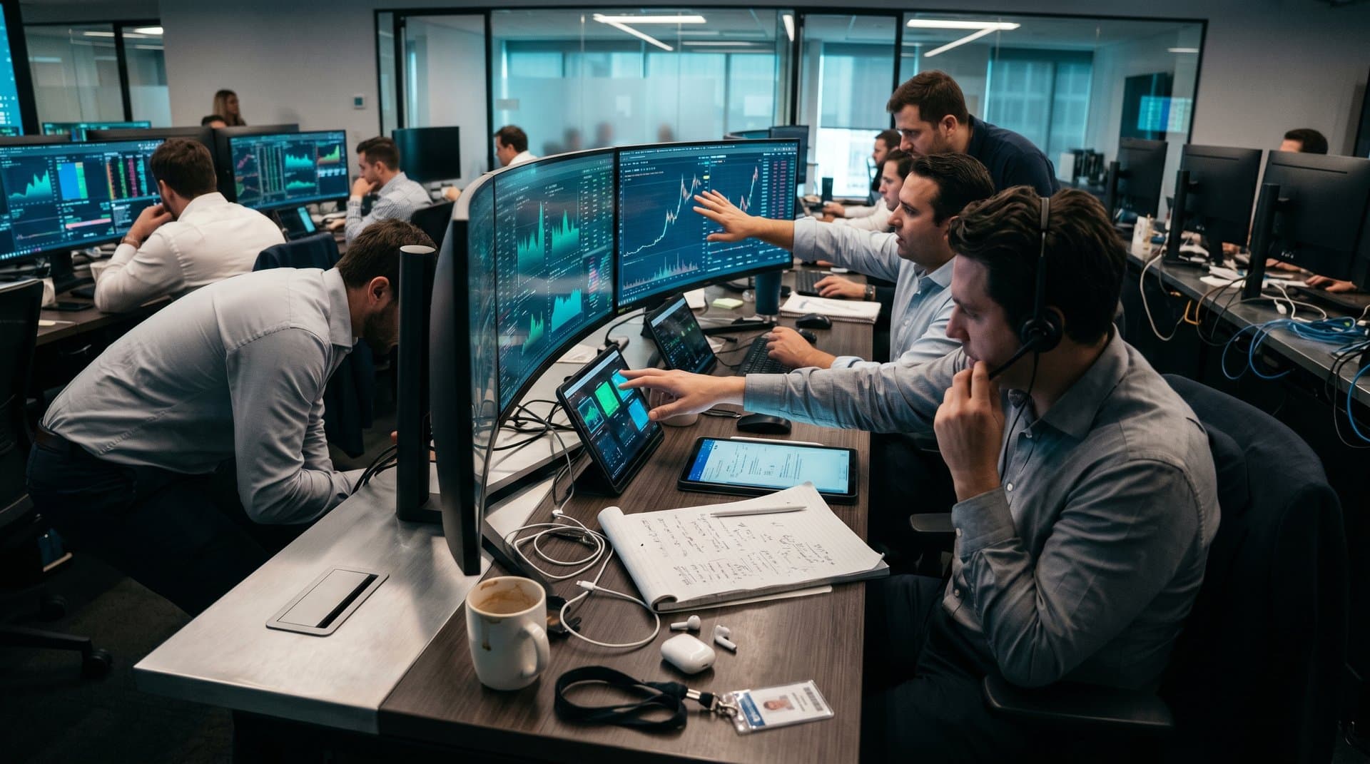 Holographic screens showing USDC stablecoin data, NFT charts, and Fear Index on a futuristic trading desk