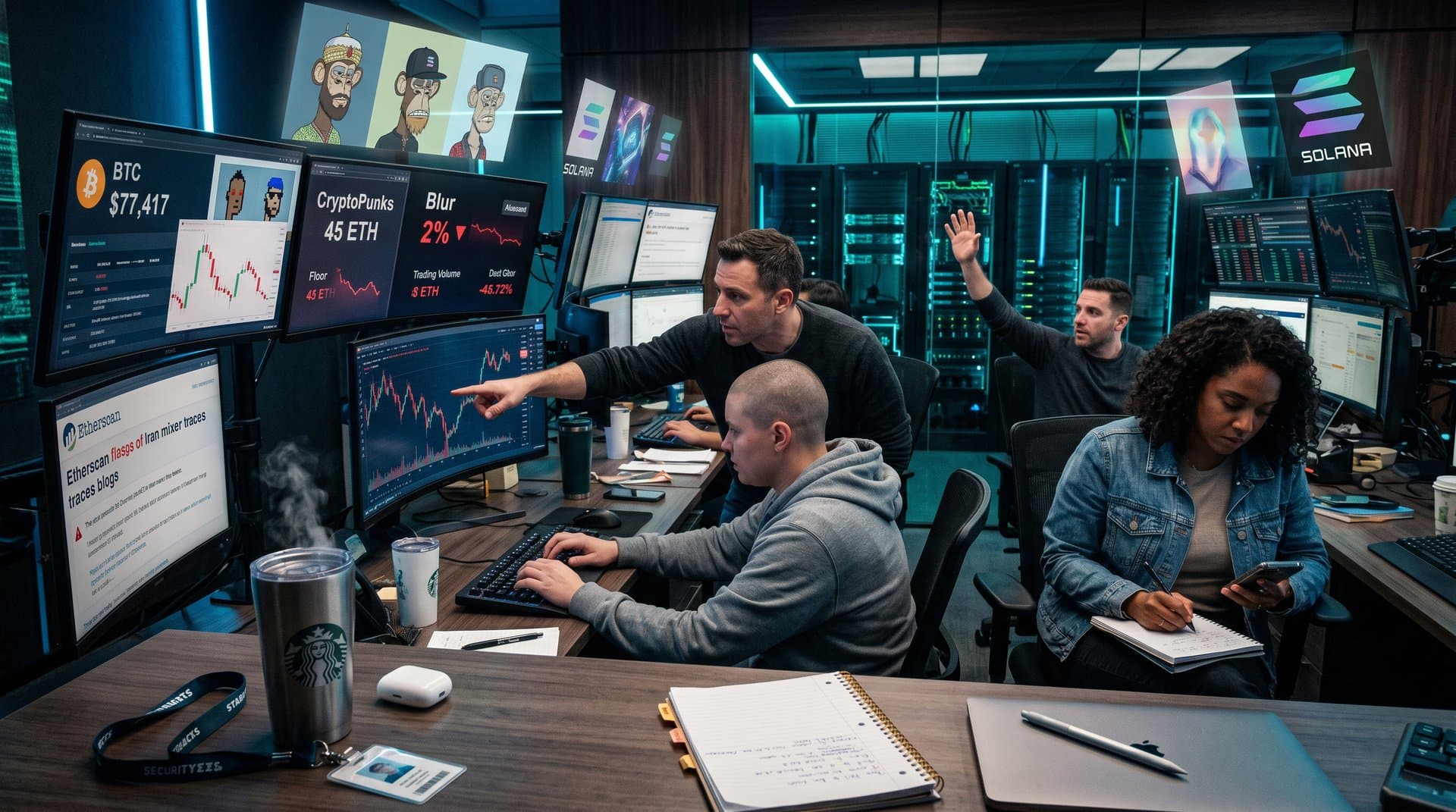 Crypto traders monitor BTC dip, NFT charts, and Treasury sanctions on multi-screen Web3 desk