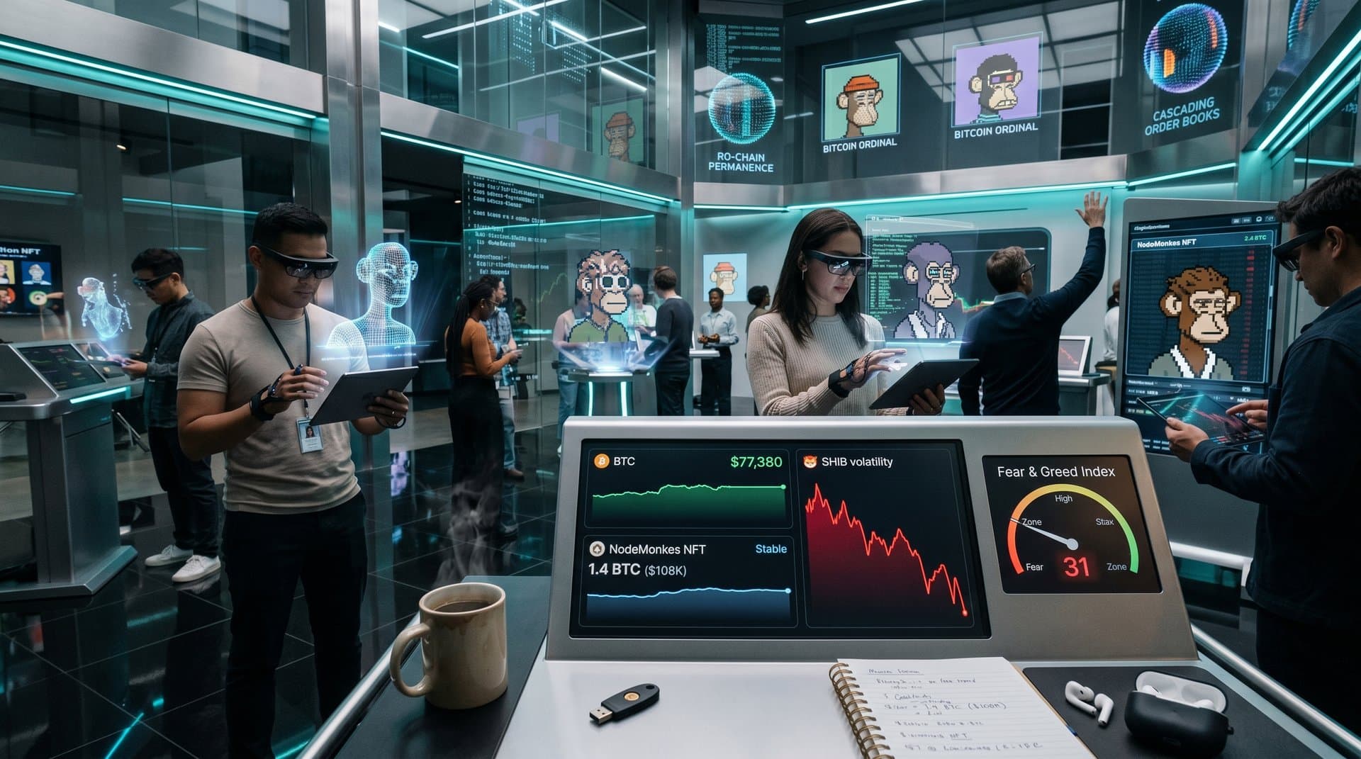 Holographic Bitcoin Ordinals gallery with BTC charts at $77K, stable NodeMonkes NFT floors vs Shiba Inu volatility, AI art generation in Web3 marketplace