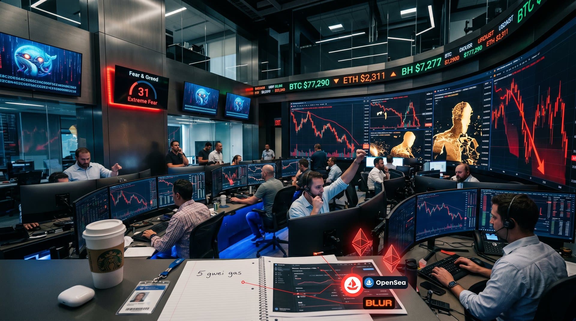 Whale avatars grab discounted Trump VIP NFT tickets in crypto market storm with price charts and blockchain elements