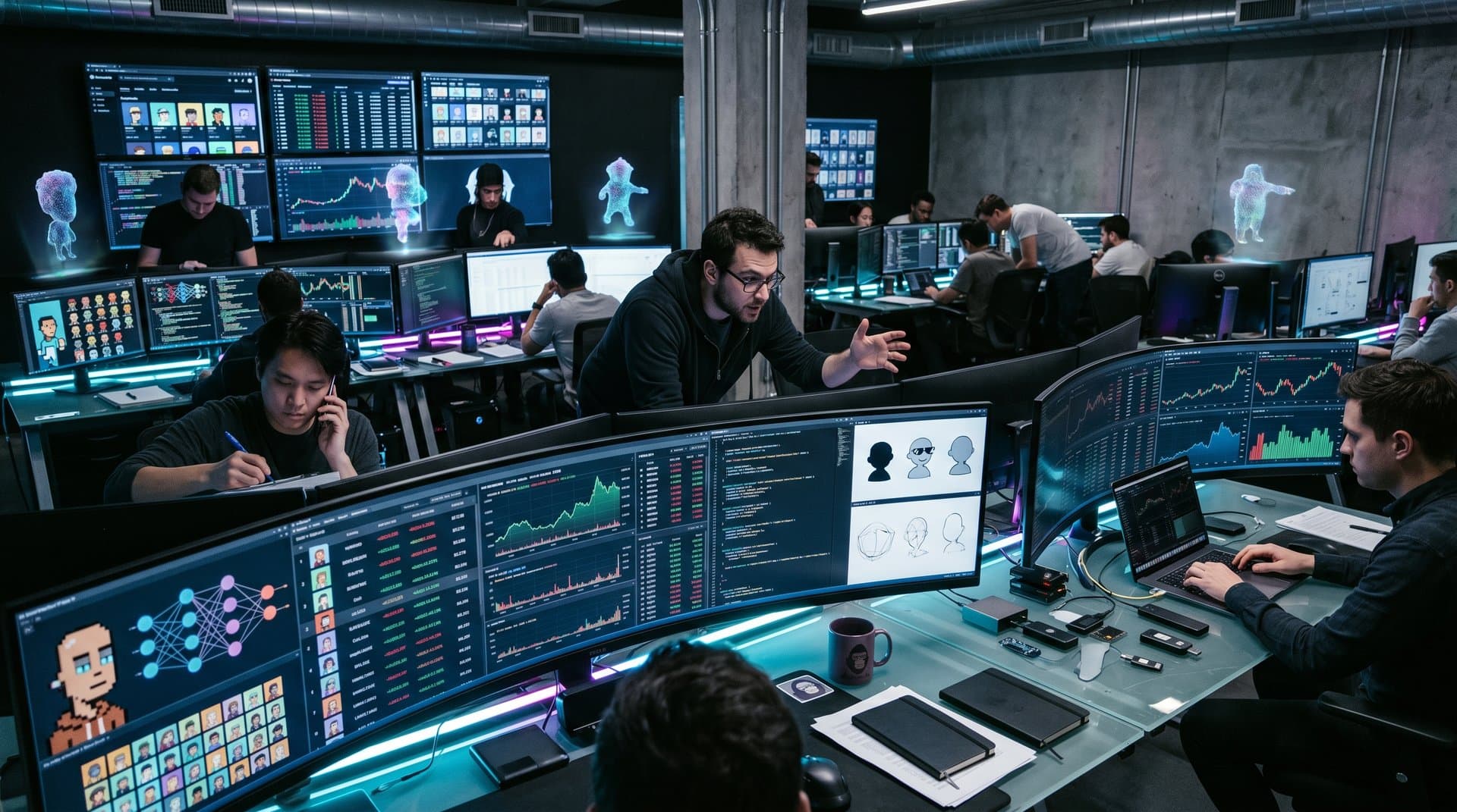 AI-powered NFT studio displays generative art, blockchain data, and marketplace analytics on advanced holographic screens