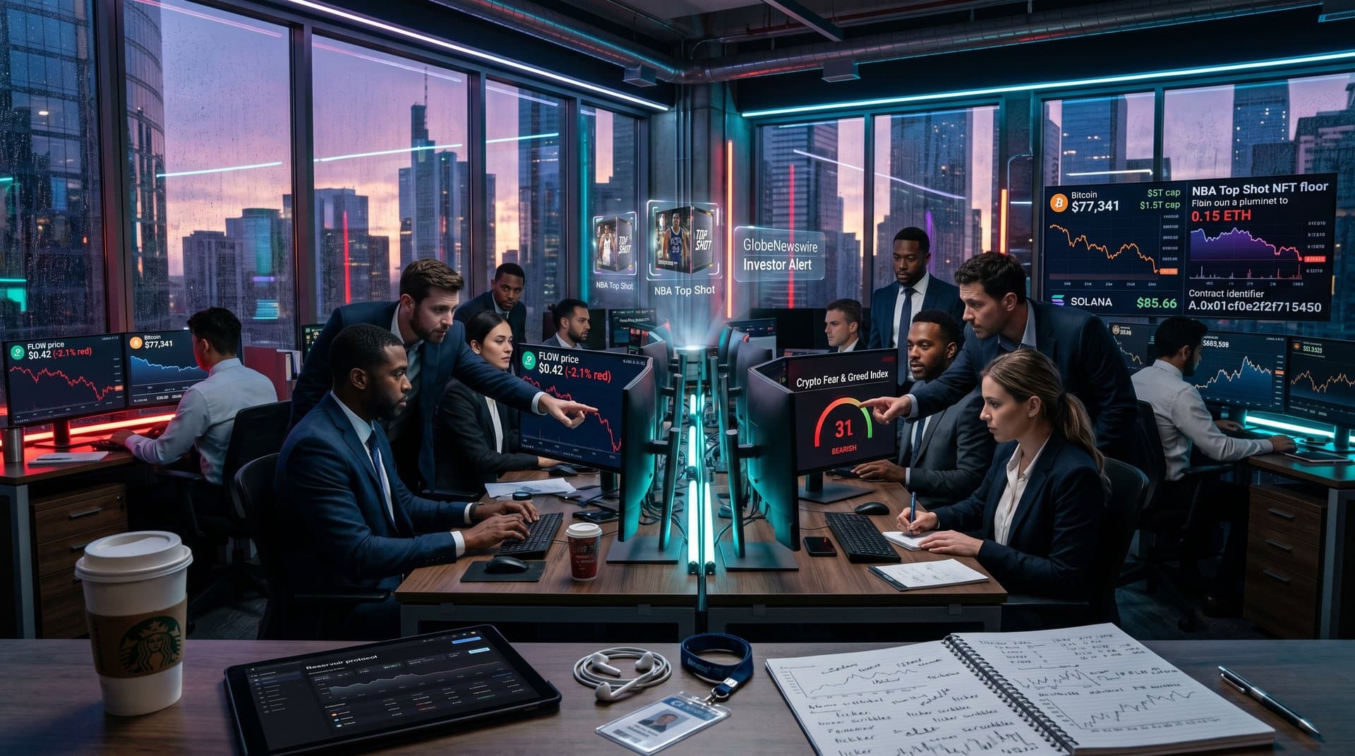 Traders monitor FLOW cryptocurrency investor alert charts, Fear Index 31, and NFT floors on screens in high-tech trading floor