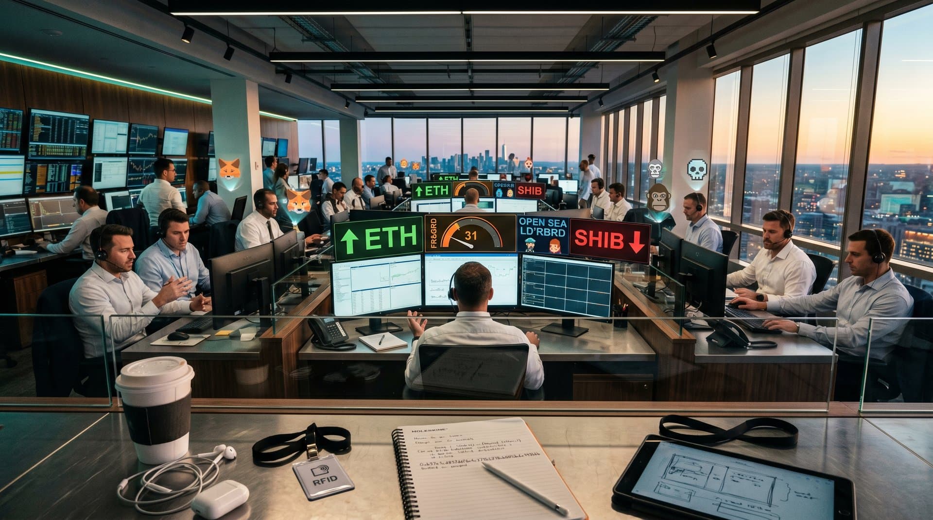 Traders monitor Ethereum $2,315 price and NFT charts on multi-screen crypto trading desk amid Fear & Greed 31
