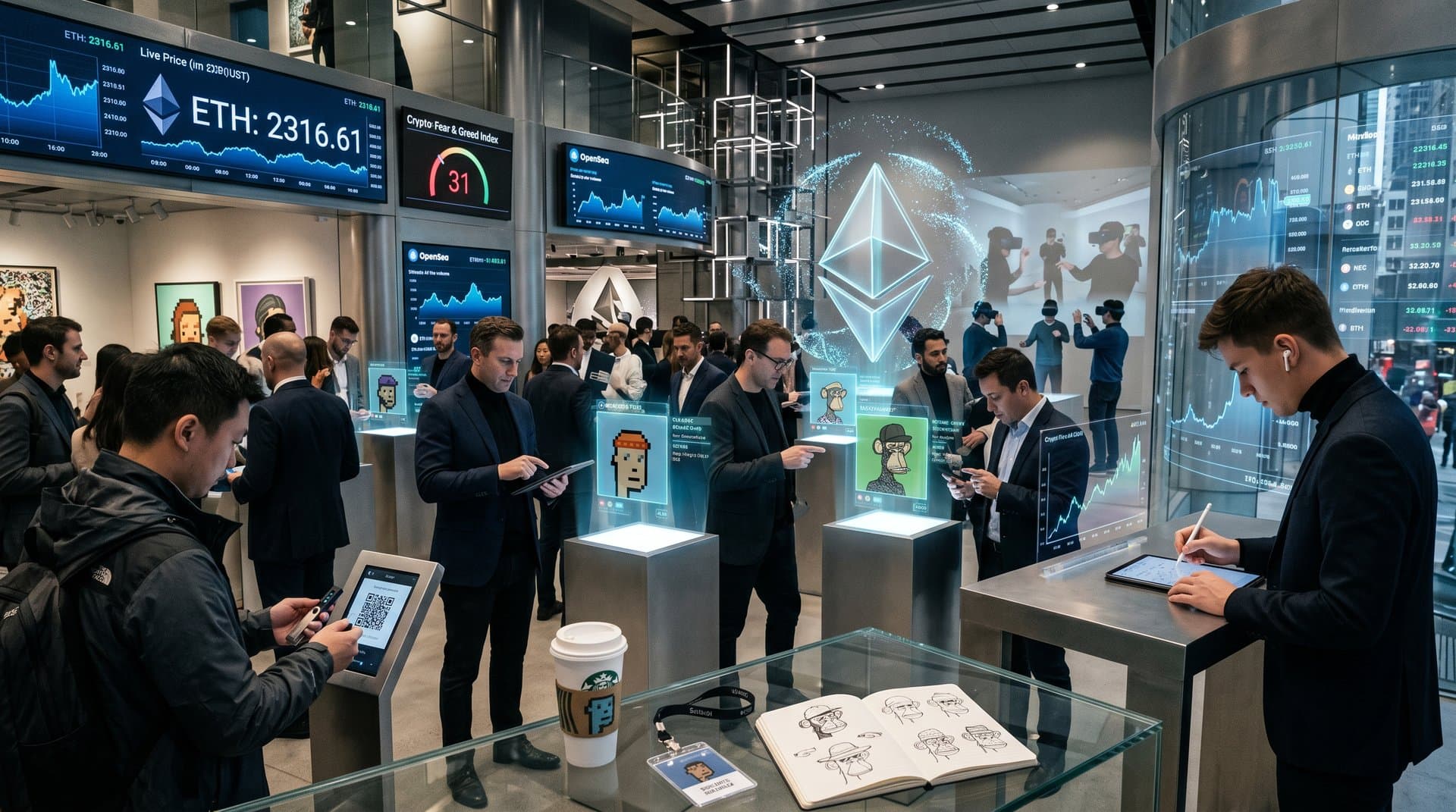 Holographic NFT gallery displaying Ethereum charts, Fear Index 31, CryptoPunks and OpenSea volumes in cyberpunk style