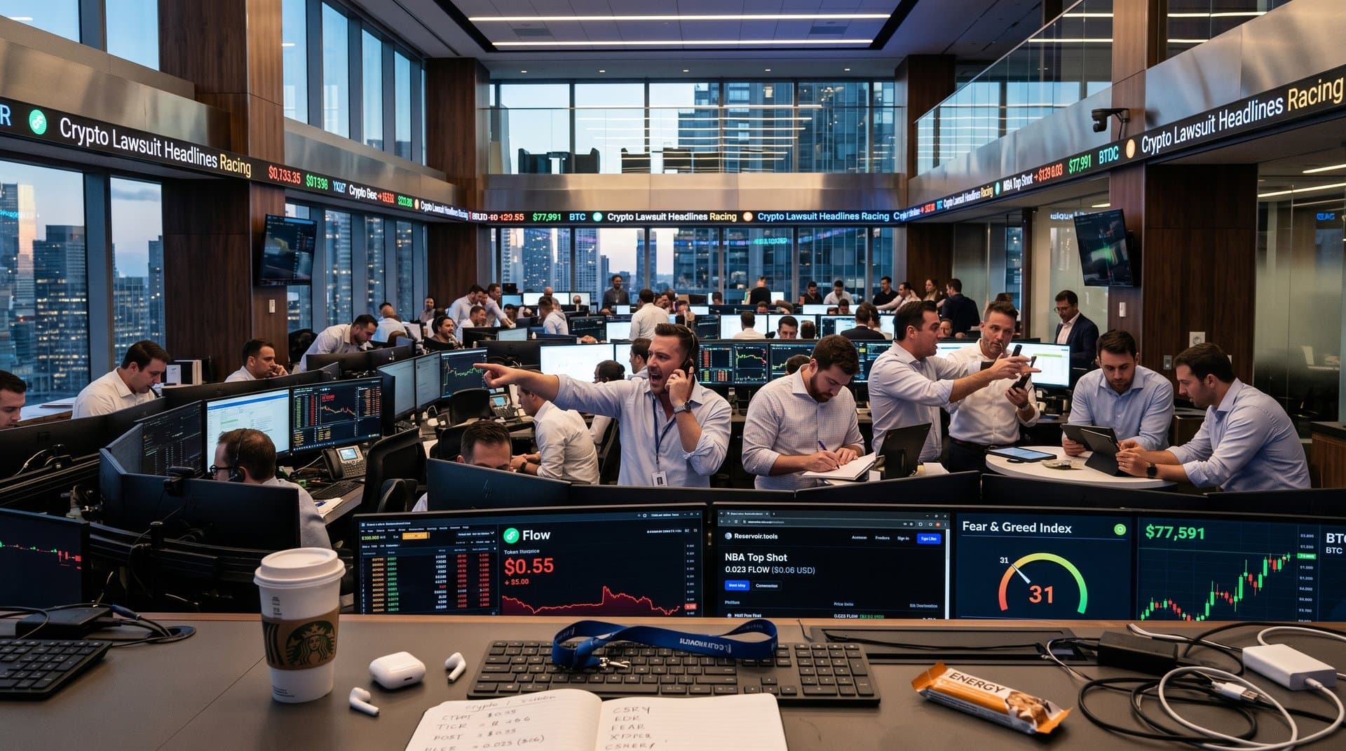 Crypto traders monitoring Flow investor lawsuit impact on NBA Top Shot NFTs, BTC charts, Fear & Greed Index