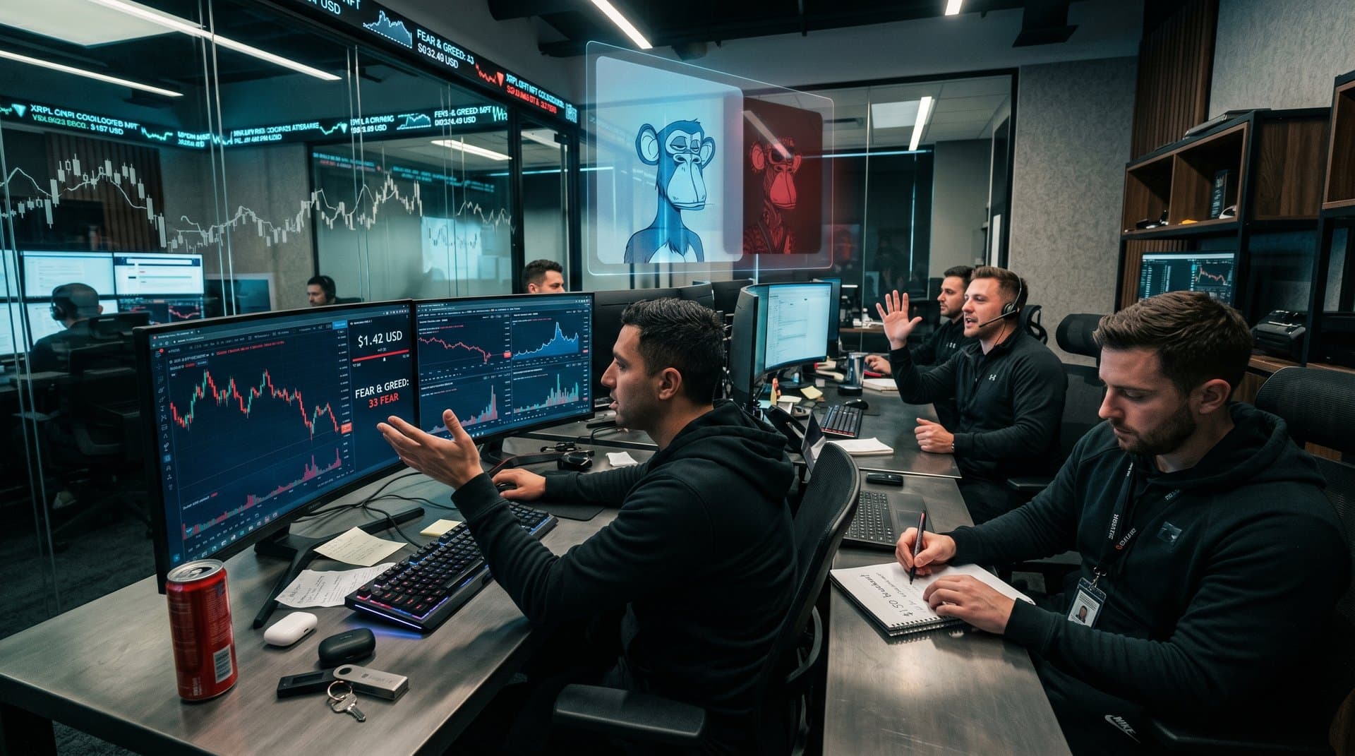 Crypto traders analyze XRP charts, Fear & Greed Index, and NFT floor prices on multi-monitor setup