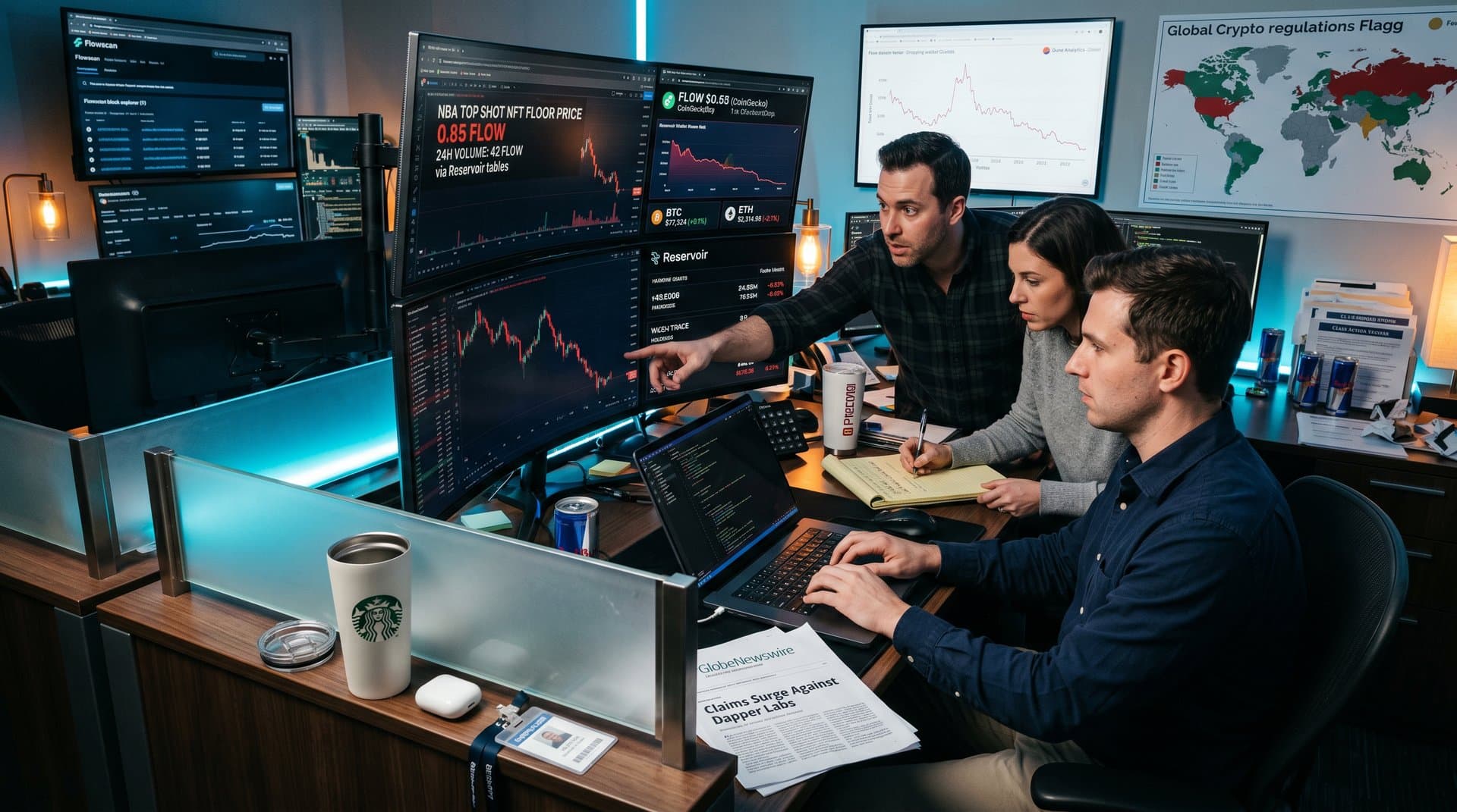 Trading screens show NBA Top Shot NFT charts and Flow token data amid Fear & Greed Index at 33