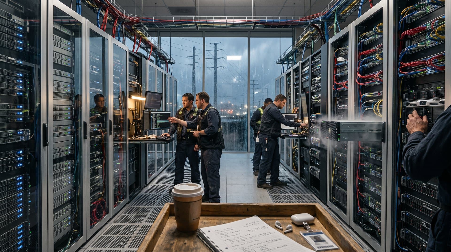 Glowing server racks, power graphs, and cable bundles in high-intensity data center amid AI energy surge