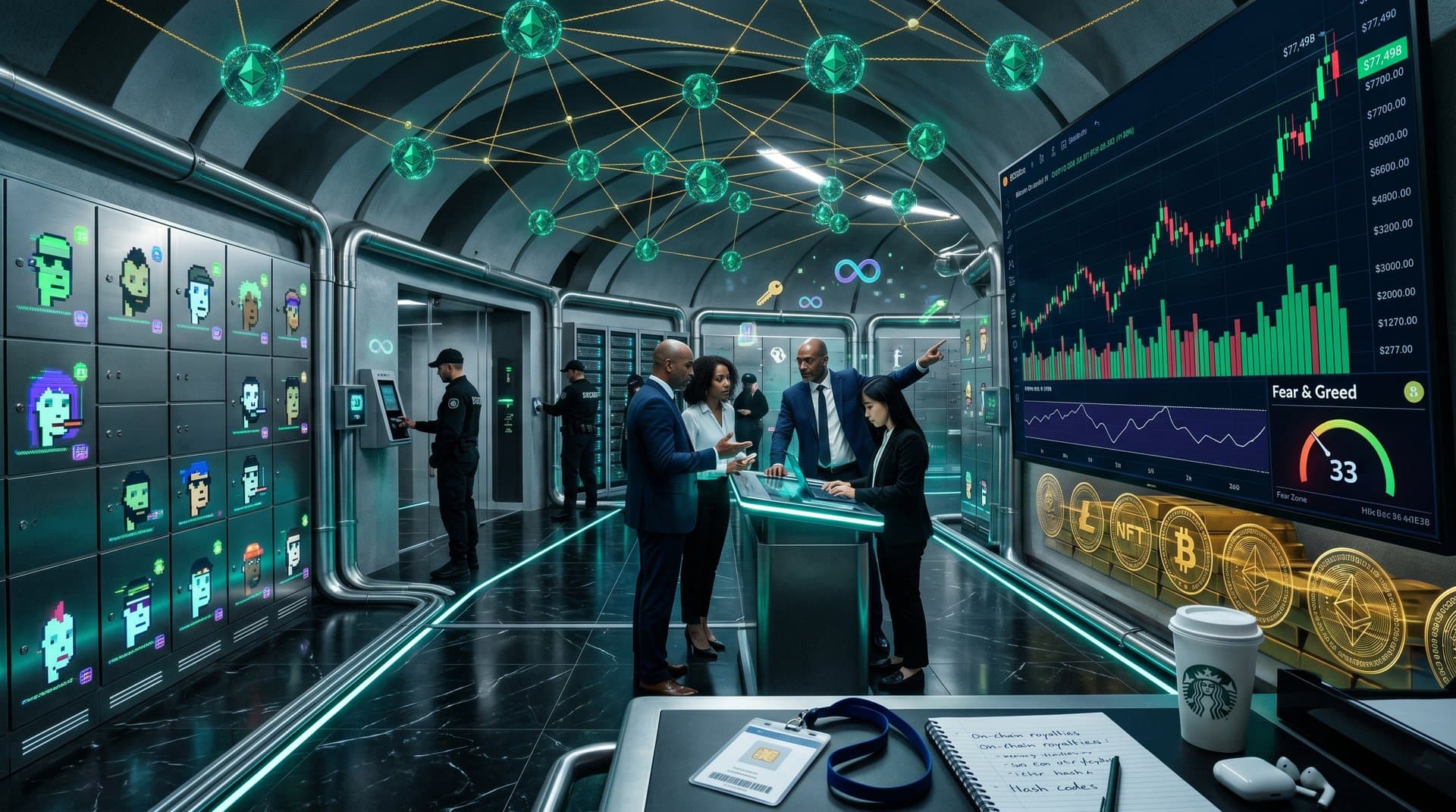 Holographic NFT vault with CryptoPunks, BTC charts, and Web3 custody visuals in a high-tech bank setting