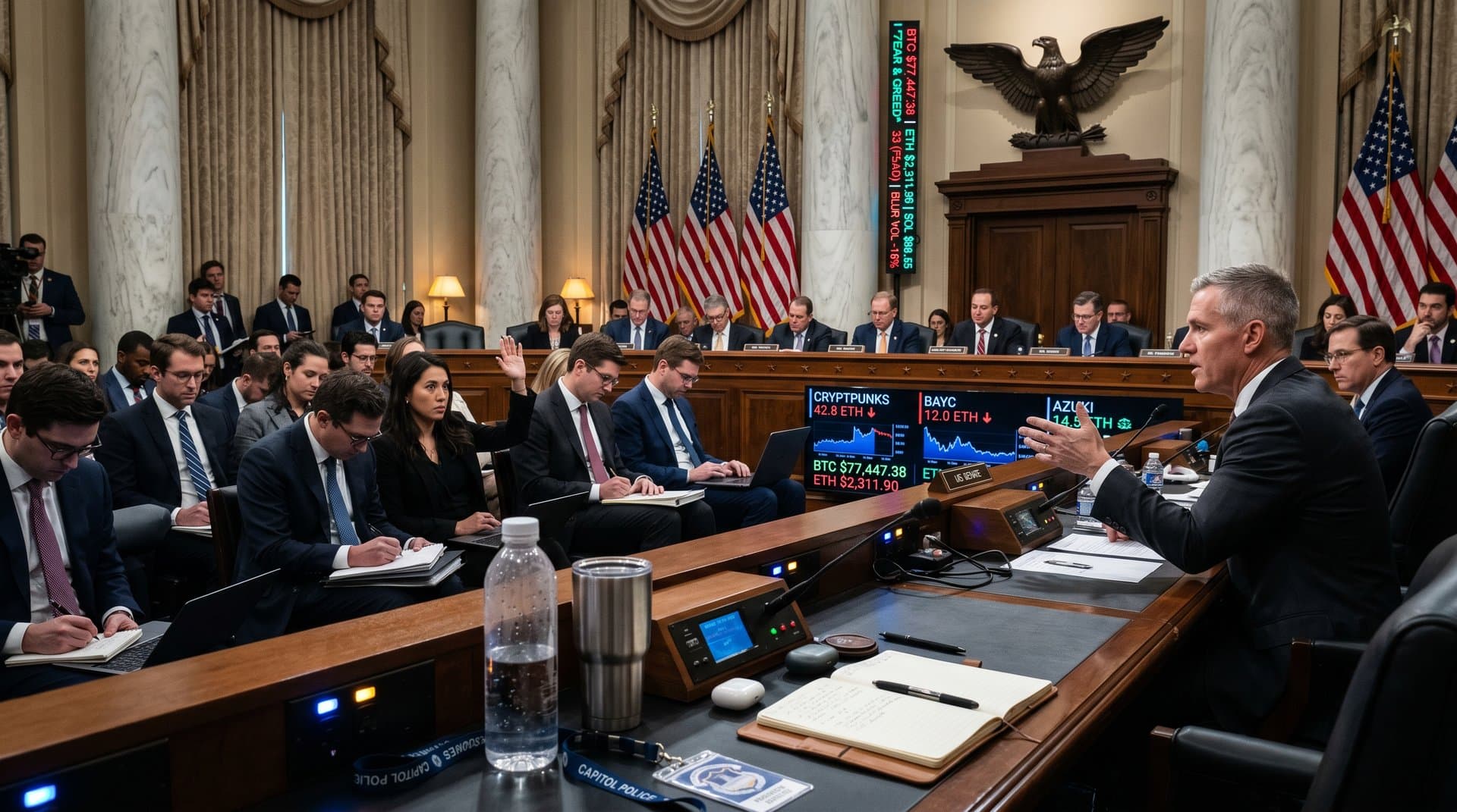 Capitol room with holographic NFT charts falling, crypto tickers, regulatory documents on table