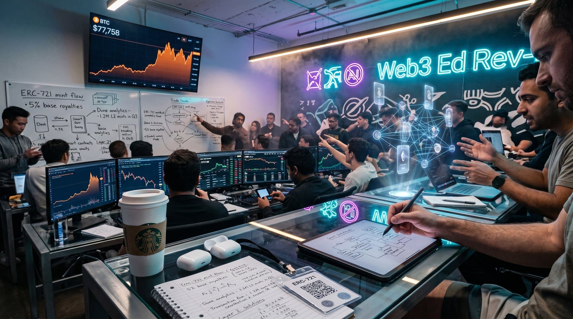 Holographic Ethereum NFTs and BTC charts in a Web3 classroom setting with credential diagrams and trading data