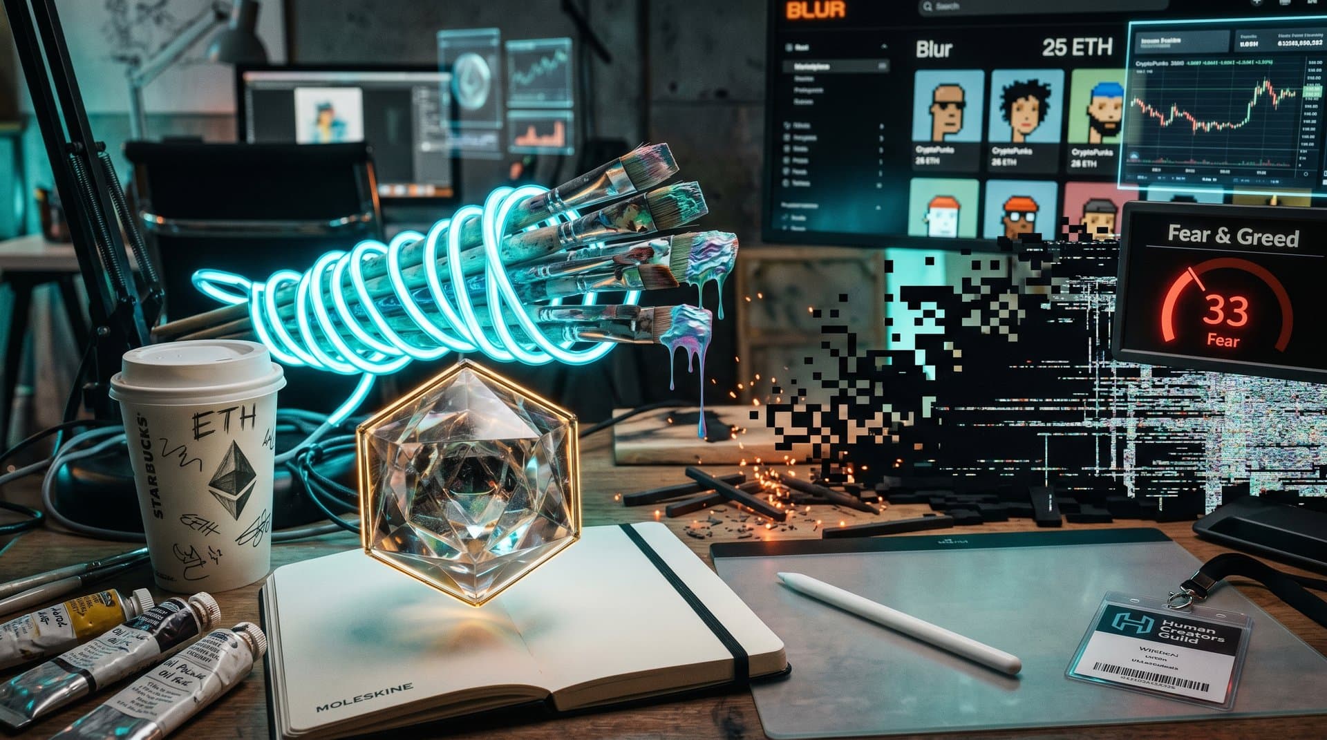 Blockchain ledger with human artist tools versus dissolving AI art, NFT charts rising in Web3 marketplace