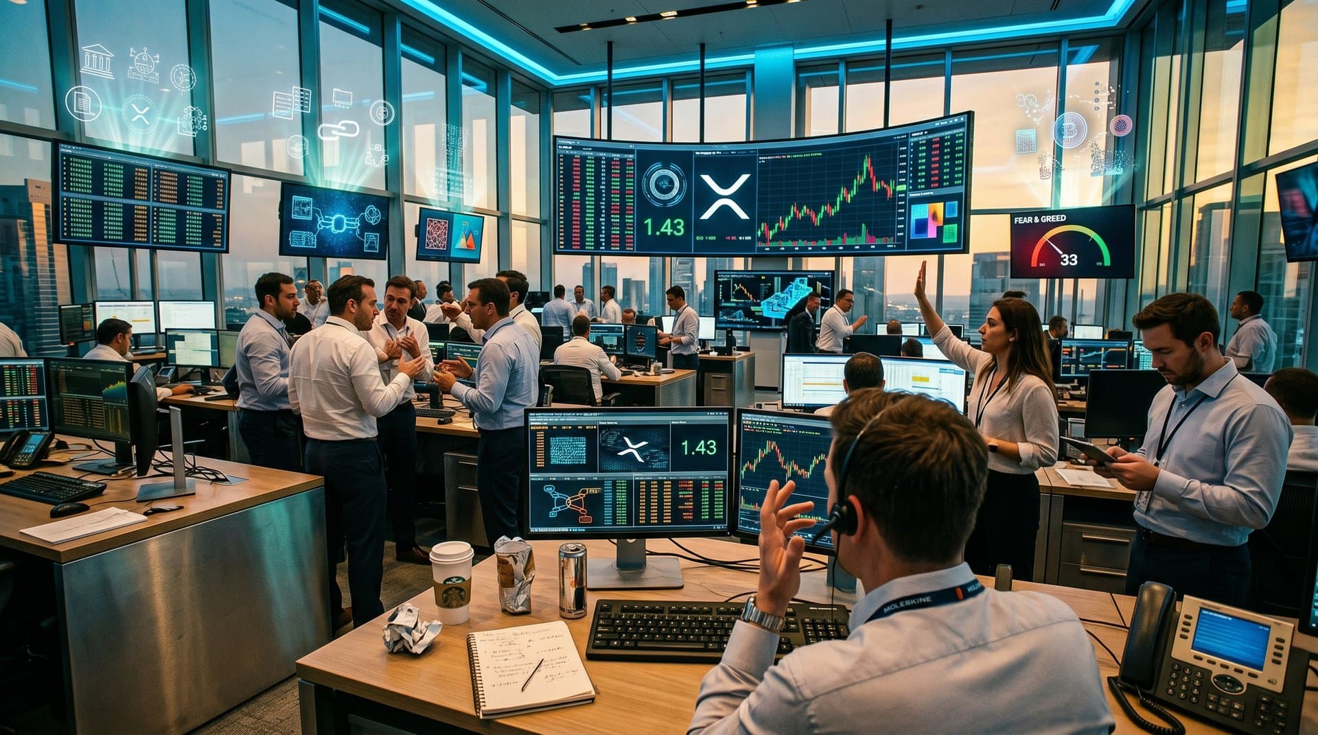 Glowing XRP chart at $1.43 with XRPL NFT tokens, regulatory icons, and Fear & Greed gauge in cyberpunk style