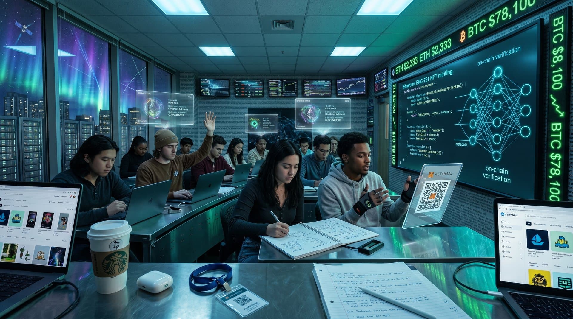 Futuristic classroom with holographic NFT credentials and blockchain visuals on smartboards