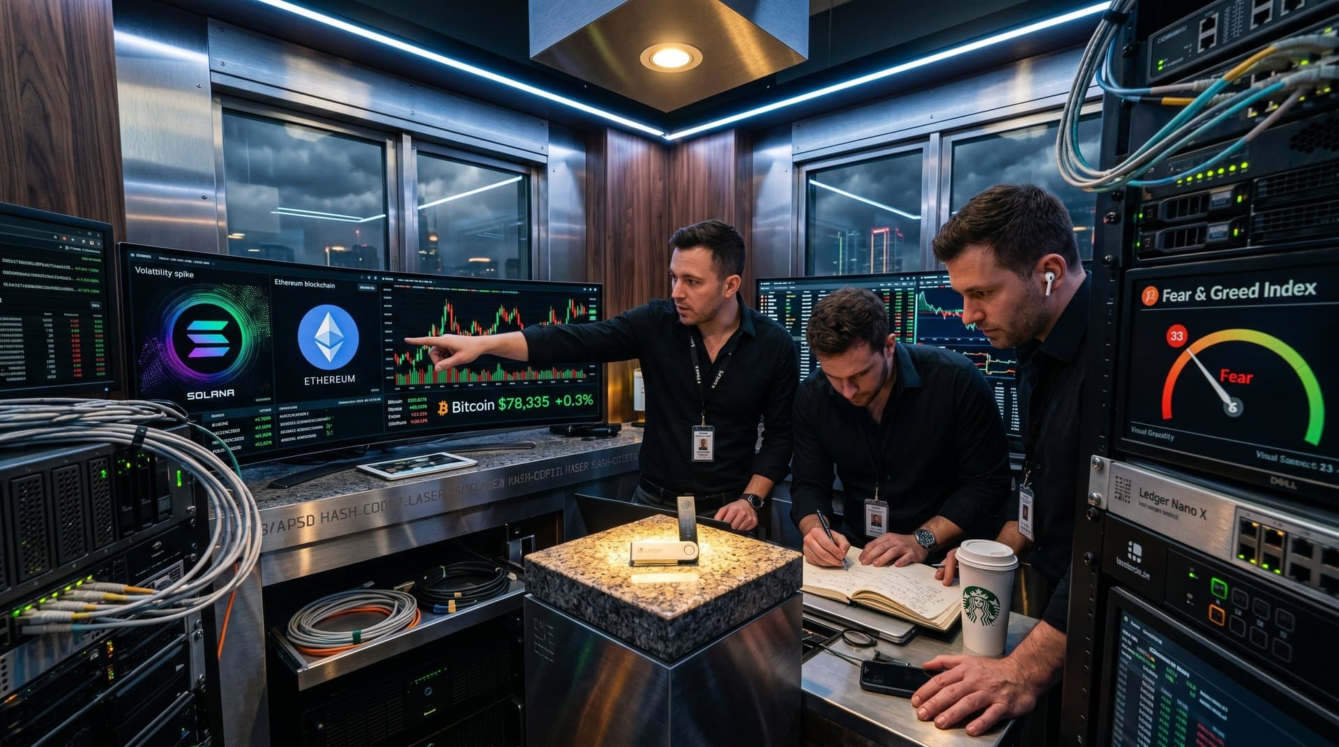 Ethereum wallet shields NFTs from AI eyes in cyber vault with BTC ticker and Fear gauge