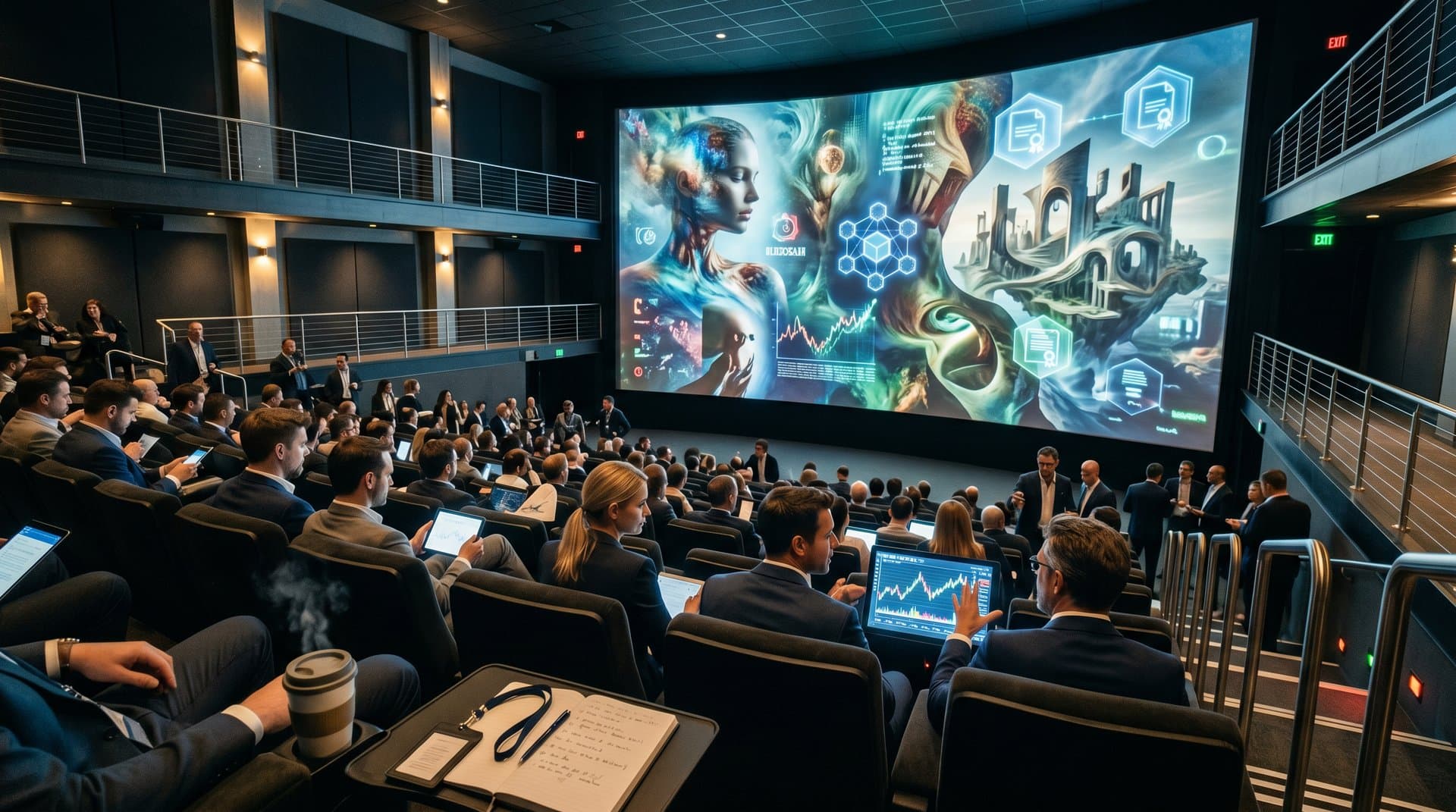 AI-generated cinema screen with Ethereum NFT provenance overlays in cyberpunk theater