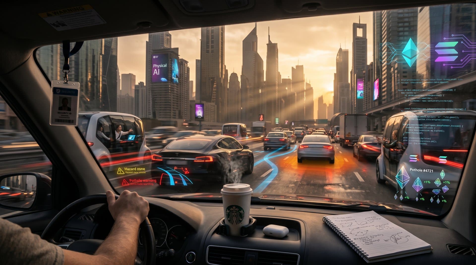 AI heatmaps on urban roads with blockchain tokens and dashcam data streams for RWA NFT tokenization