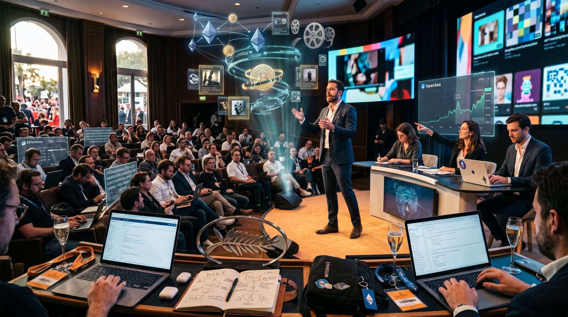 Abstract fusion of Cannes red carpet, Ethereum nodes, and AI film NFTs with provenance metadata and market charts