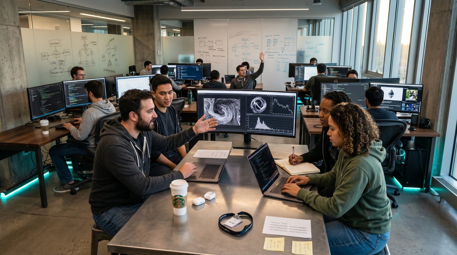 Engineers in modern AI lab analyze generative NFT art and Ethereum blockchain charts on multi-monitor setups in glass-walled research space