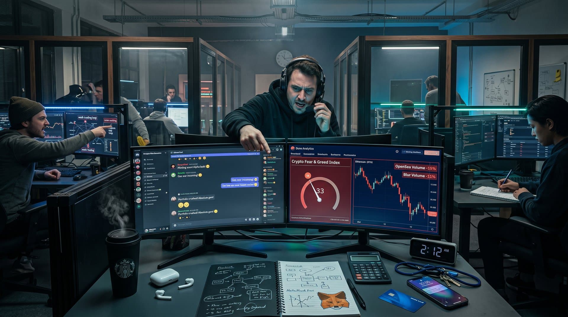 NFT trader silhouette views AI bot flattery on Discord with Fear & Greed 33 chart and Ethereum NFT marketplace decline