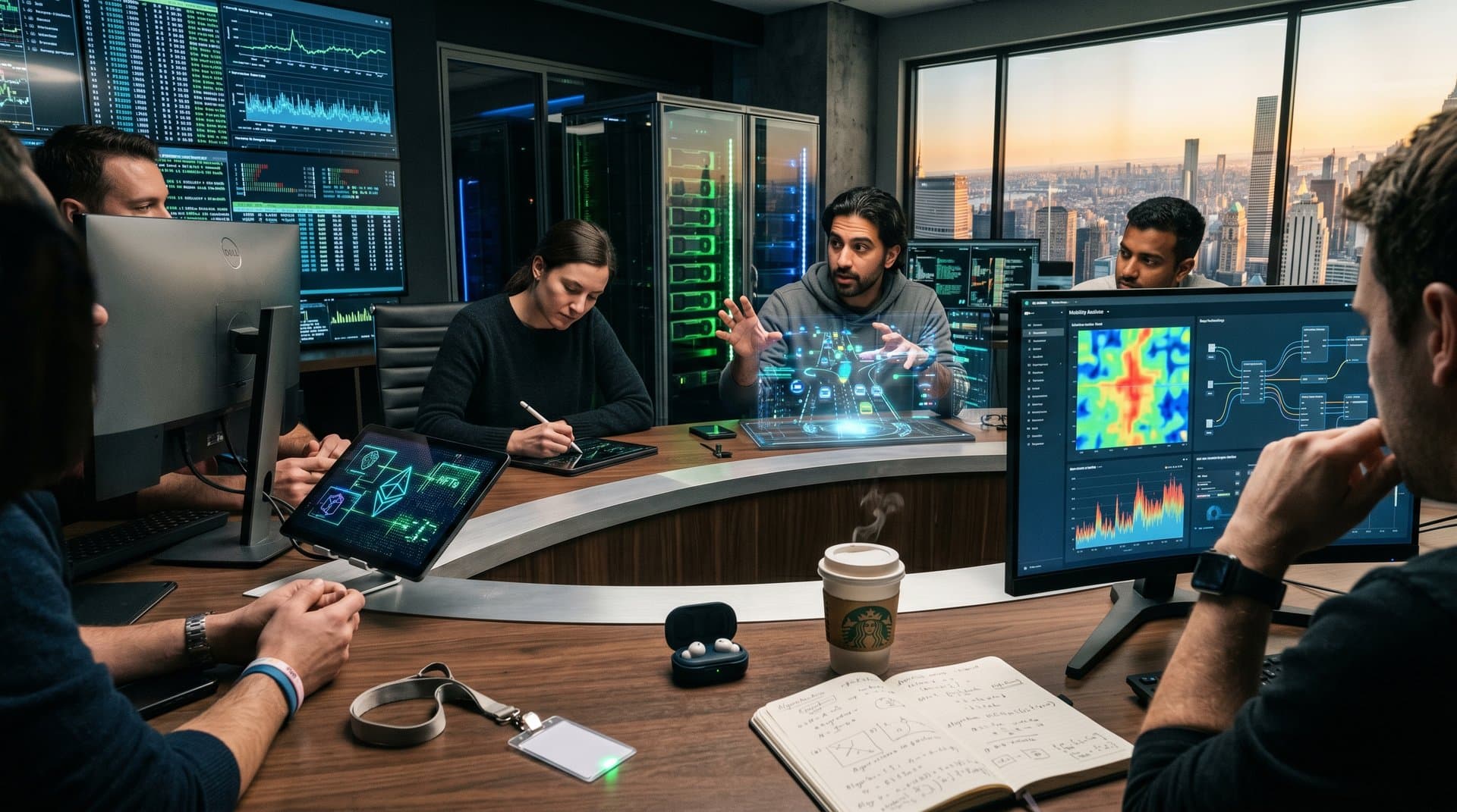 Tech lab engineers analyze AI traffic data and NFT RWA blockchain overlays on multi-monitors