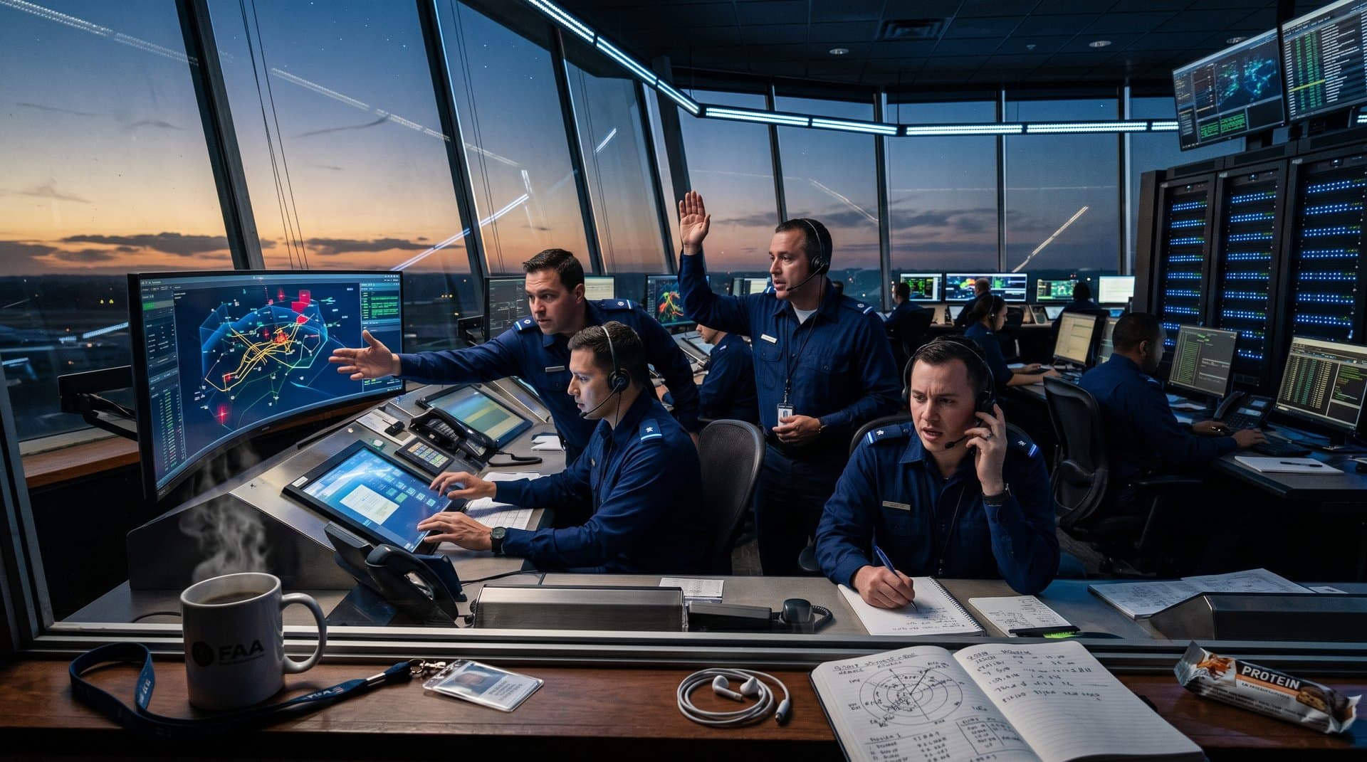 AI air traffic control displays with NFT data streams in modern FAA command center