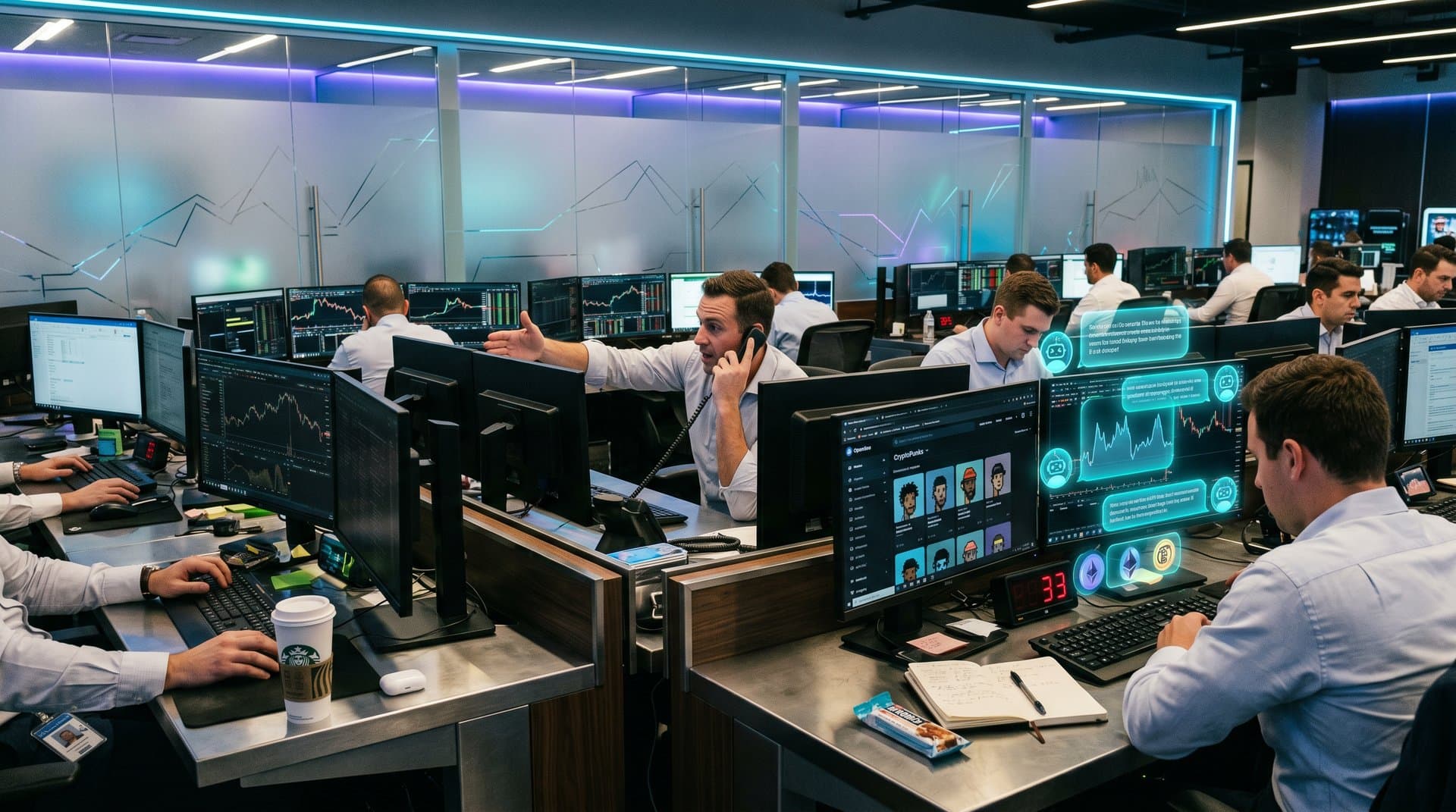 NFT trading dashboard with AI chatbot flattery, Fear & Greed at 33, Ethereum blockchain graphs and OpenSea volume spikes