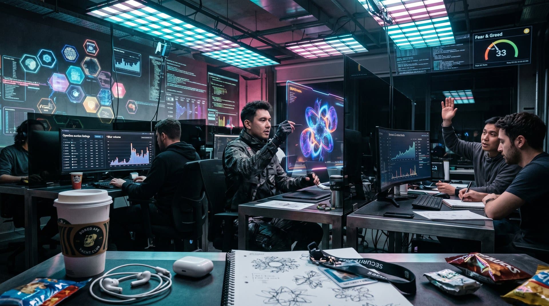 Evolving NFT artwork on holographic canvas with human-AI hybrid refinement in cyberpunk studio, Ethereum nodes glowing