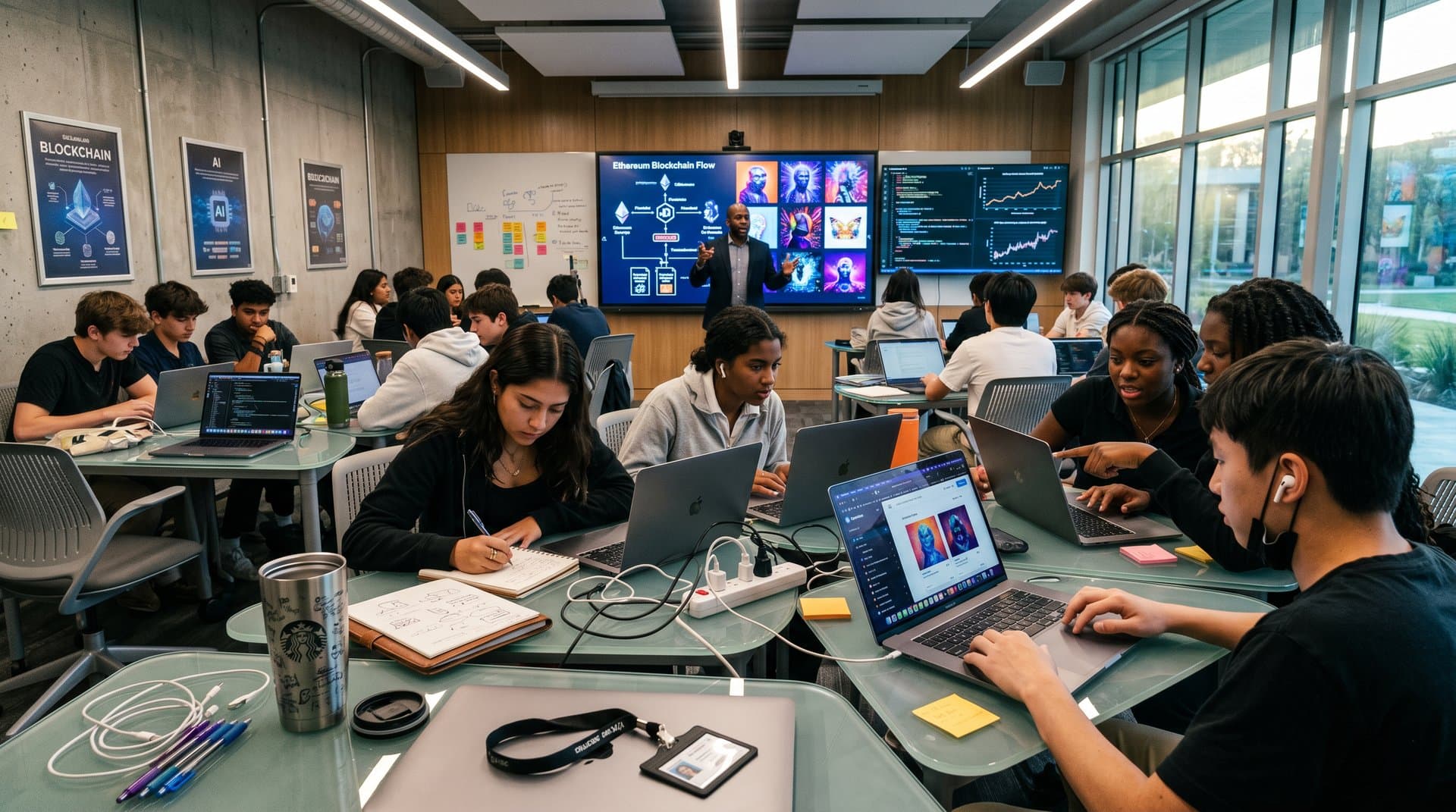 Classroom smartboard shows Ethereum NFTs and AI prompts for Web3 education