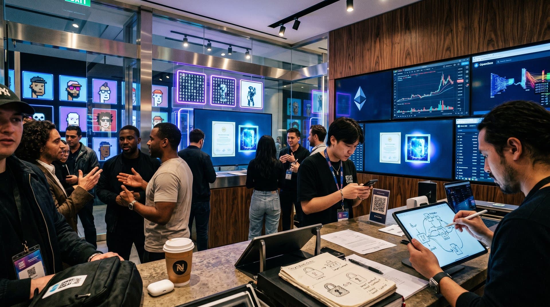 Cyberpunk NFT gallery with Gen Z verifying human art provenance on Ethereum blockchain amid rising charts and CryptoPunks displays