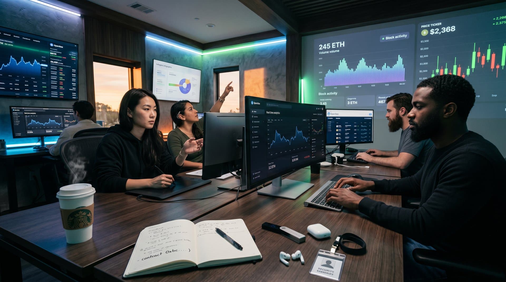 Web3 studio artists collaborate on hybrid AI NFT art, screens show Ethereum charts, Blur data, and generative PFPs amid innovative workspace