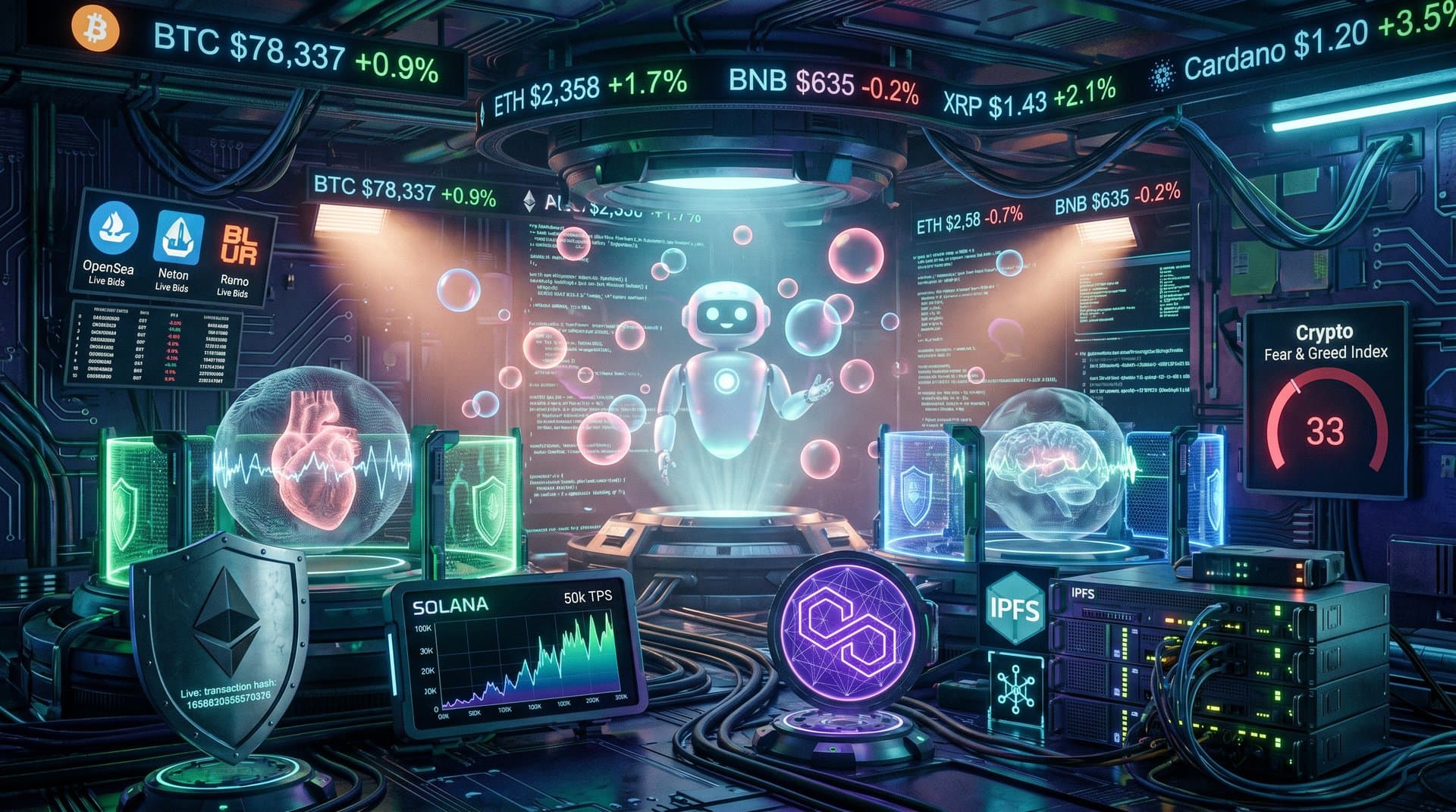 Holographic AI mental health chatbot interface with NFT privacy shields, blockchain nodes, and crypto price charts in cyberpunk neon style