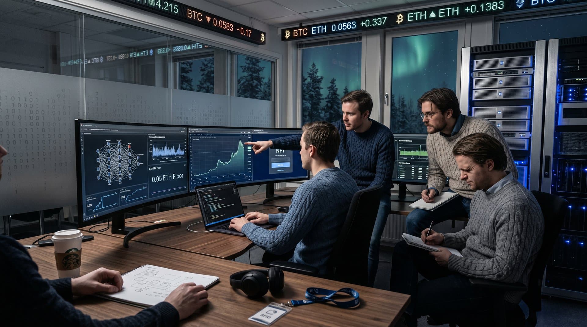 Umeå University researchers analyze AI models and Ethereum NFT tokenization on multi-screen setups in high-tech lab with northern Swedish views
