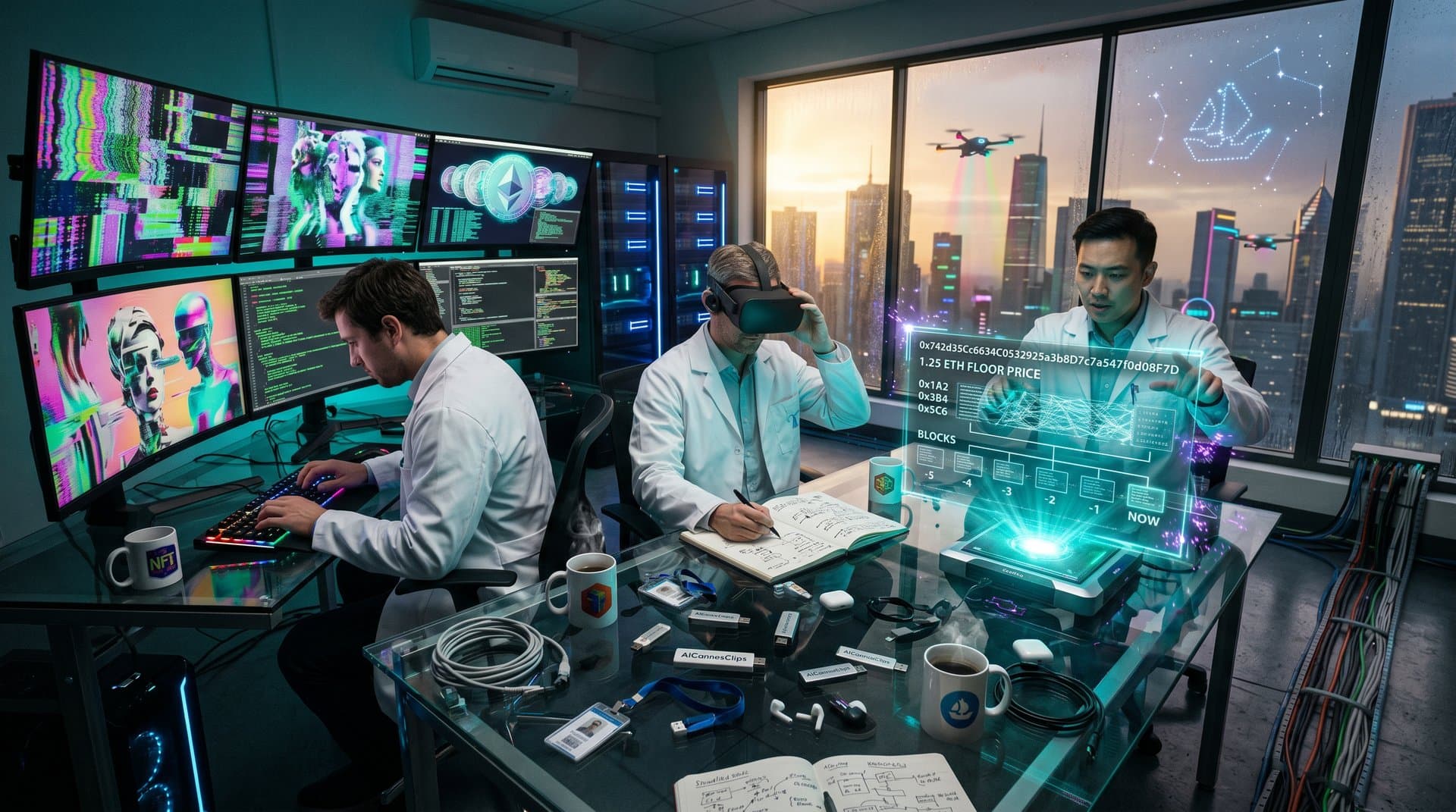 Tech lab screens show AI film frames and NFT contracts in modern setup verifying authenticity