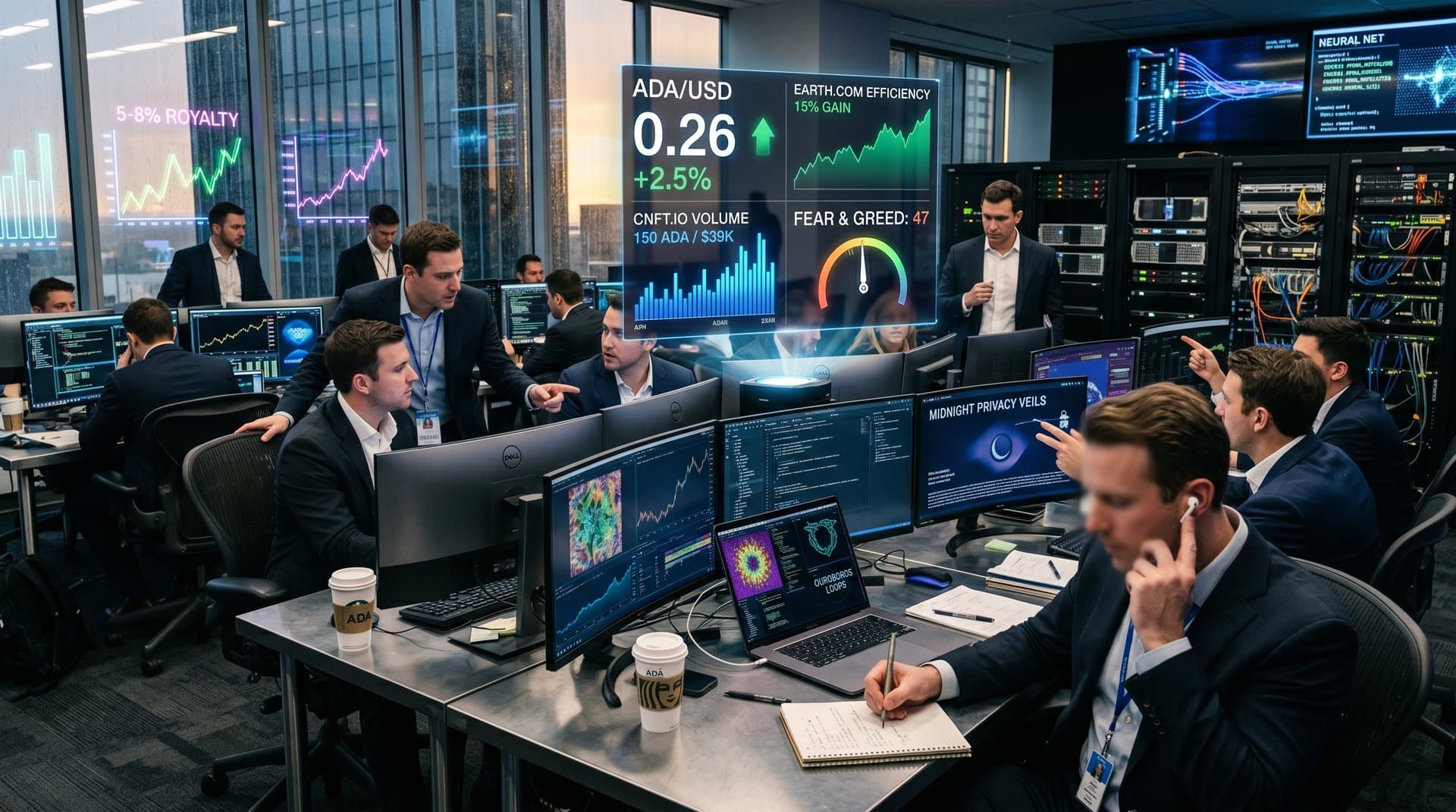 Abstract Cardano blockchain visualization with ADA $0.26 price surge, AI-NFT hybrids, and Web3 efficiency charts in neon cyberpunk style