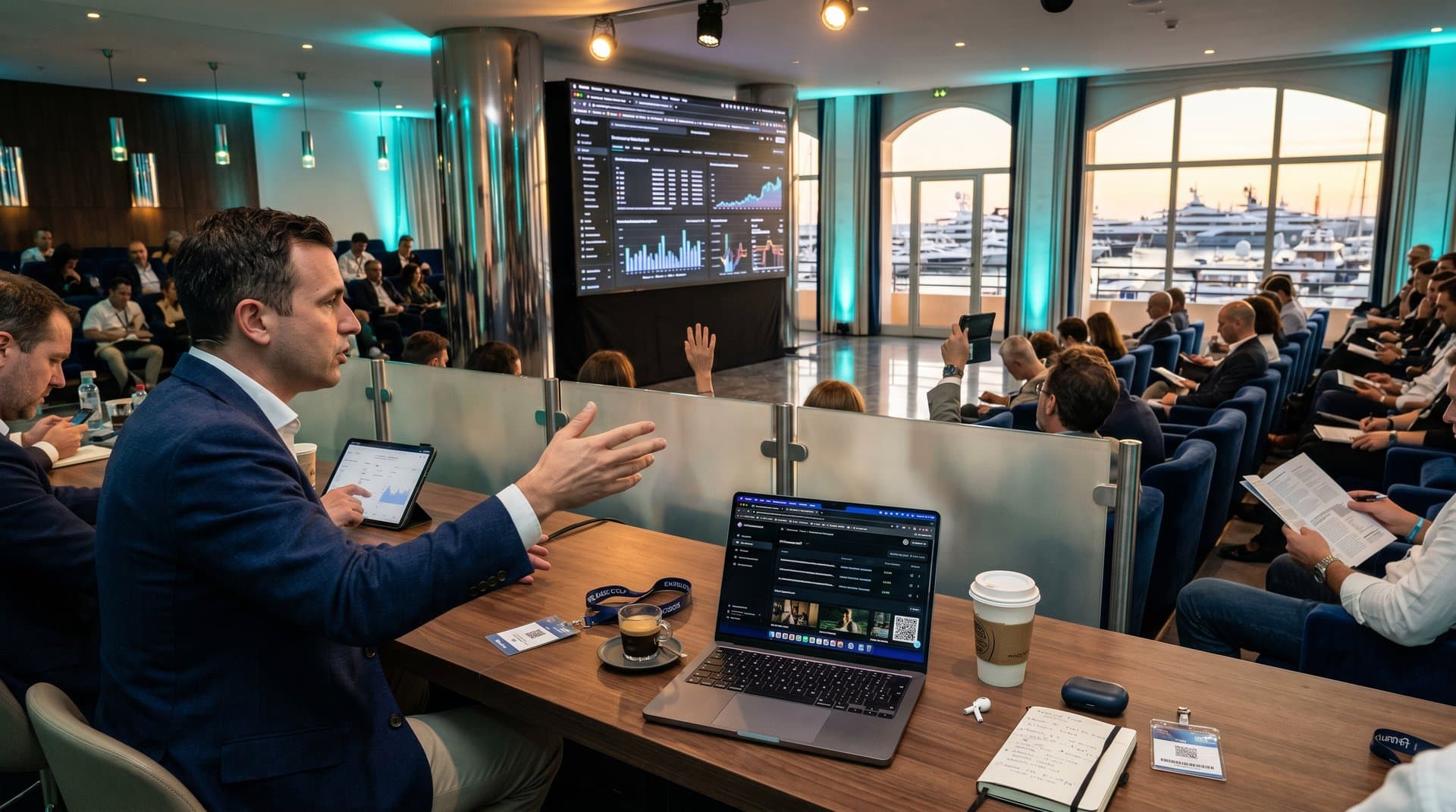 NFT provenance dashboard on screen in Cannes auditorium with sea views and tech setup