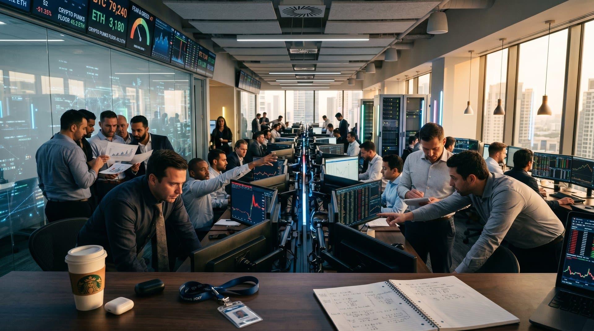 Institutional trading floor with monitors showing BTC at $79K, NFT volumes like CryptoPunks, and Fear & Greed Index amid active analysts and city skyline