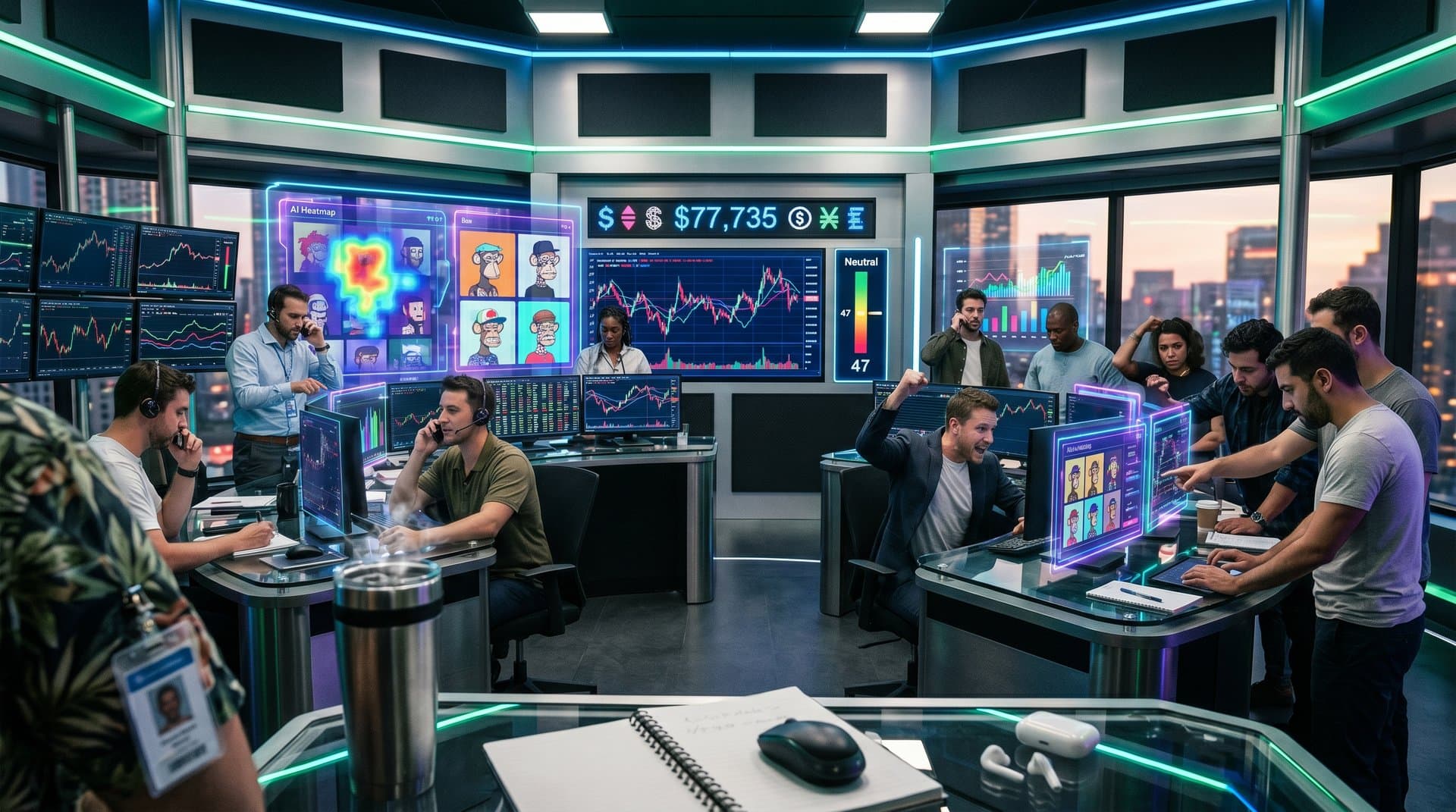 AI facial recognition heatmaps on NFT PFPs and Ethereum wallet data in cyberpunk dashboard