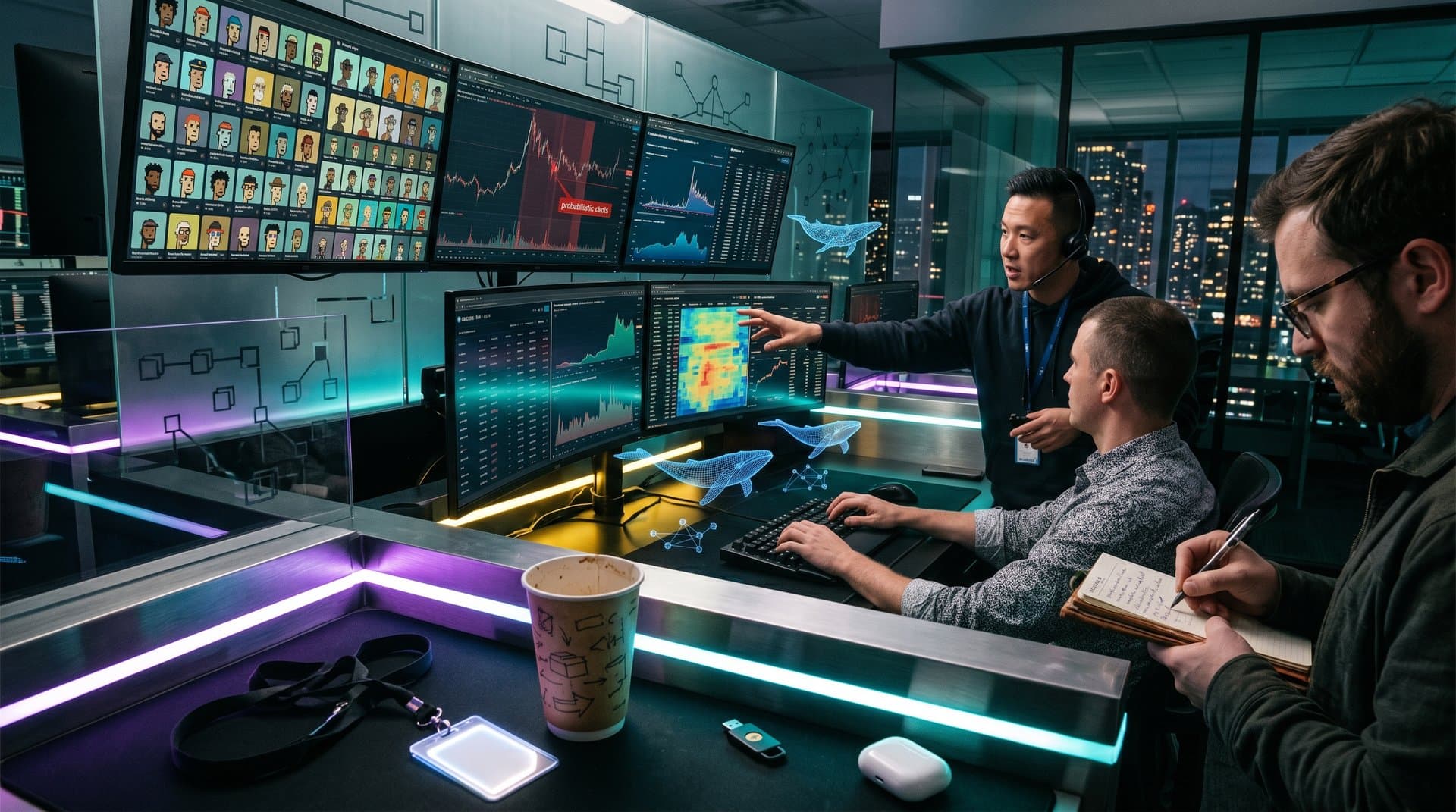 Crypto trading desk screens show NFT whale deanonymization graphs and blockchain clusters in neon cyberpunk style