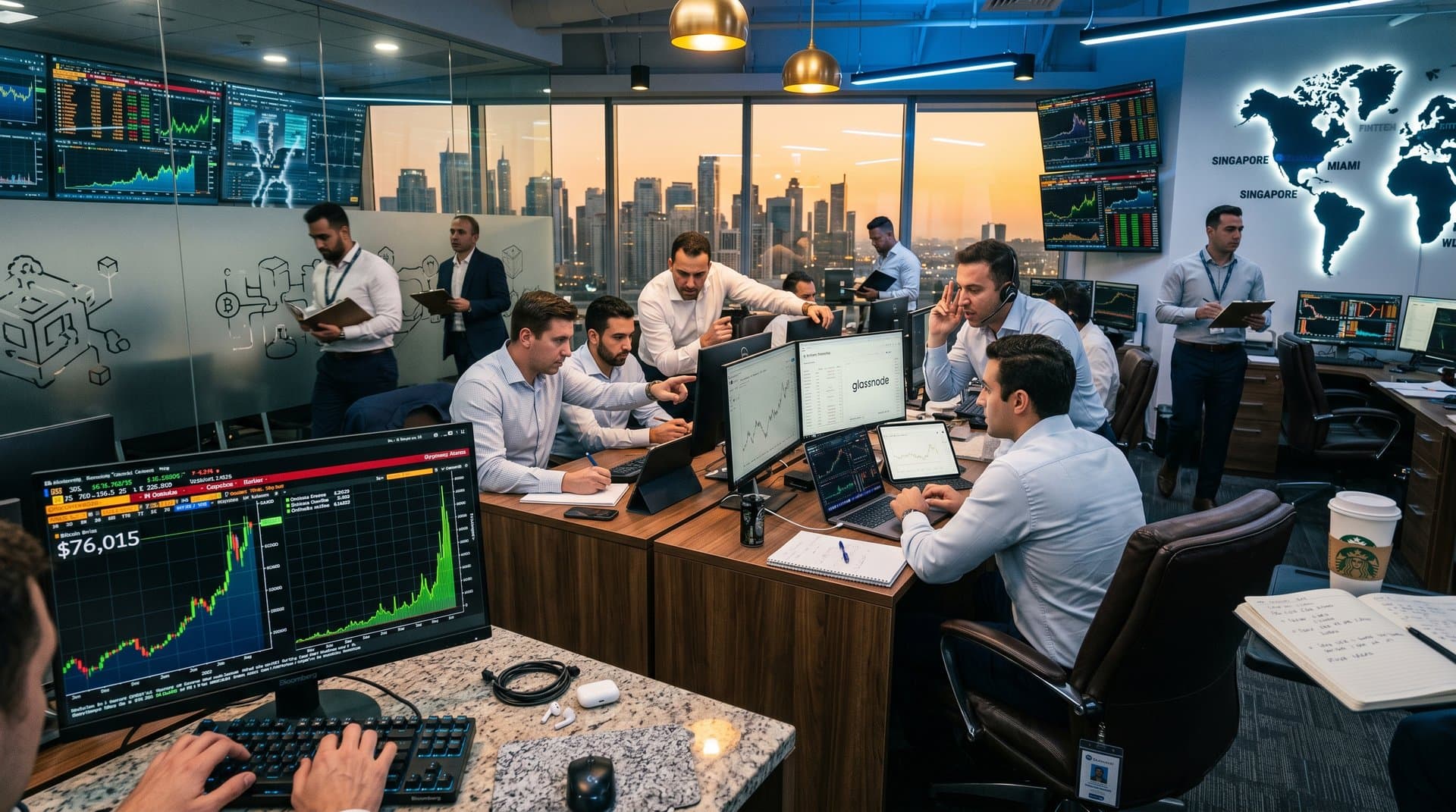 Traders monitor Bitcoin price at $76,015 and surging Ordinals charts on terminals amid city skyline