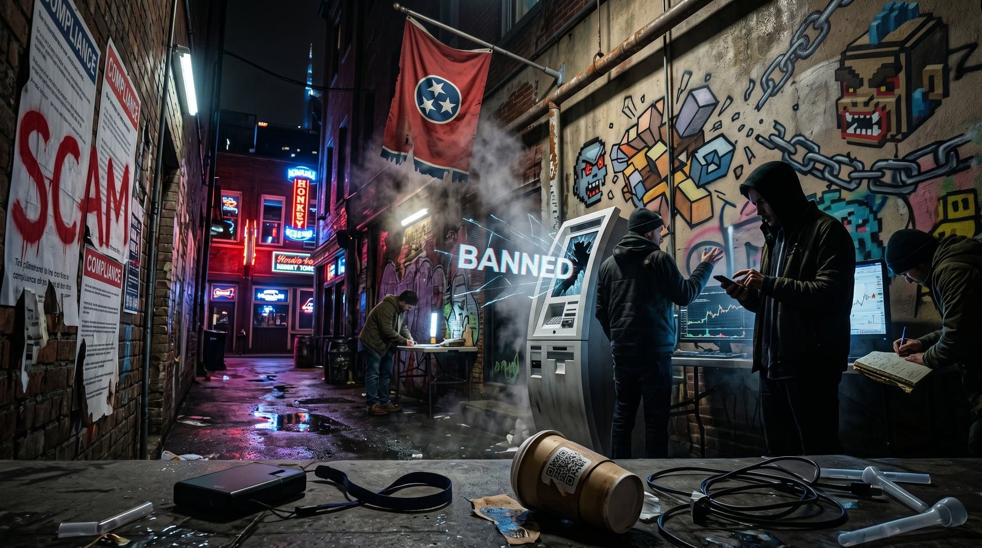 Shuttered crypto ATM with exploding NFT icons and blockchain chains in cyberpunk style