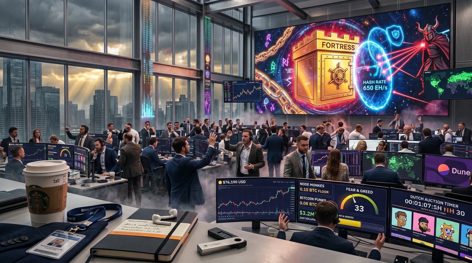 Bitcoin blockchain vault with Ordinals NFT inscriptions, hash rate shields, and Magic Eden trading interface at $76K price