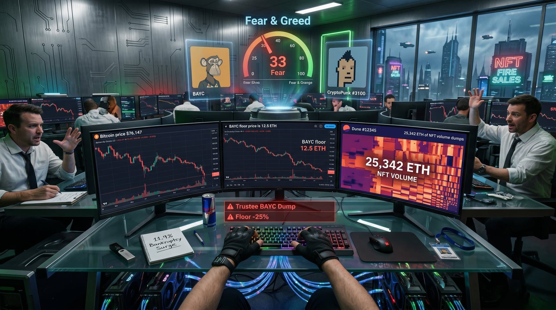 Trading screens show NFT floor crashes, BTC at $76k, Fear & Greed 33, Ethereum liquidations on high-tech desk