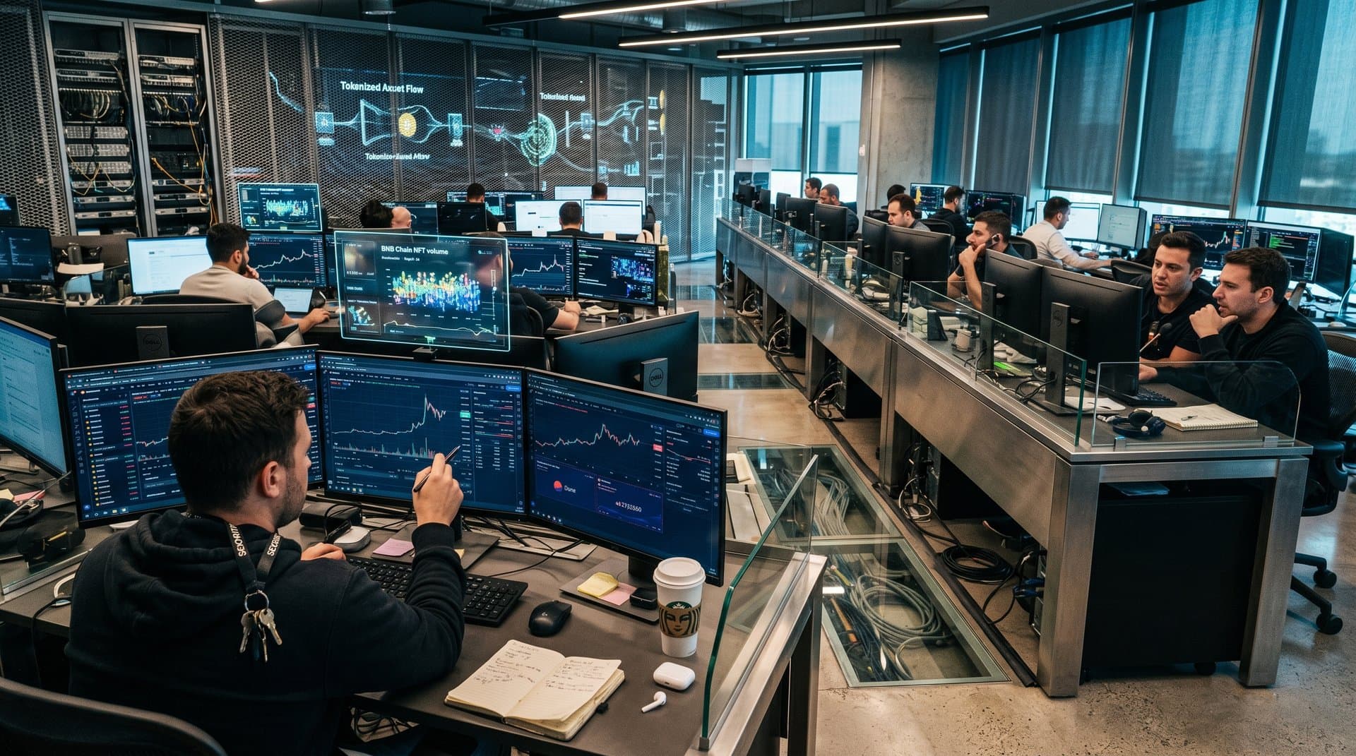 Traders monitoring BNB price charts and NFT data on BNB Chain at modern Web3 trading floor