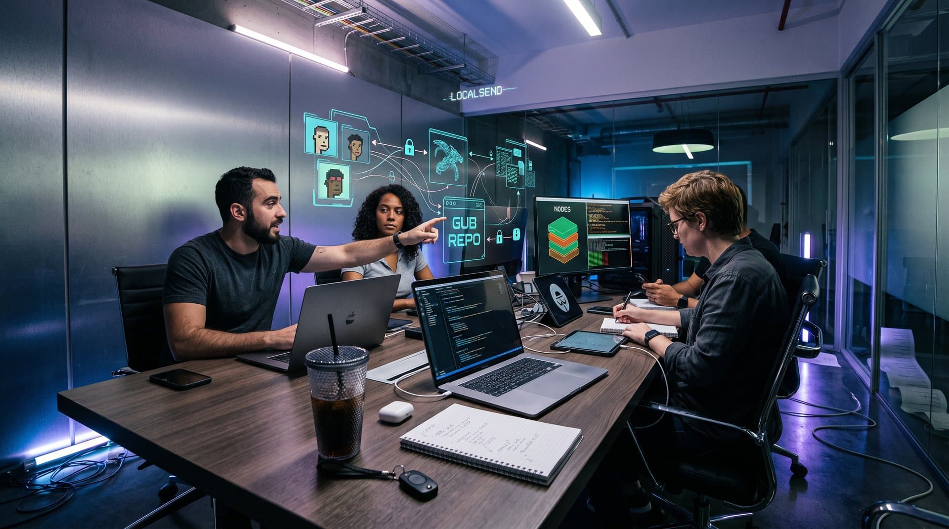 Glowing NFT tokens transferring peer-to-peer between devices via Wi-Fi in neon cyberpunk studio