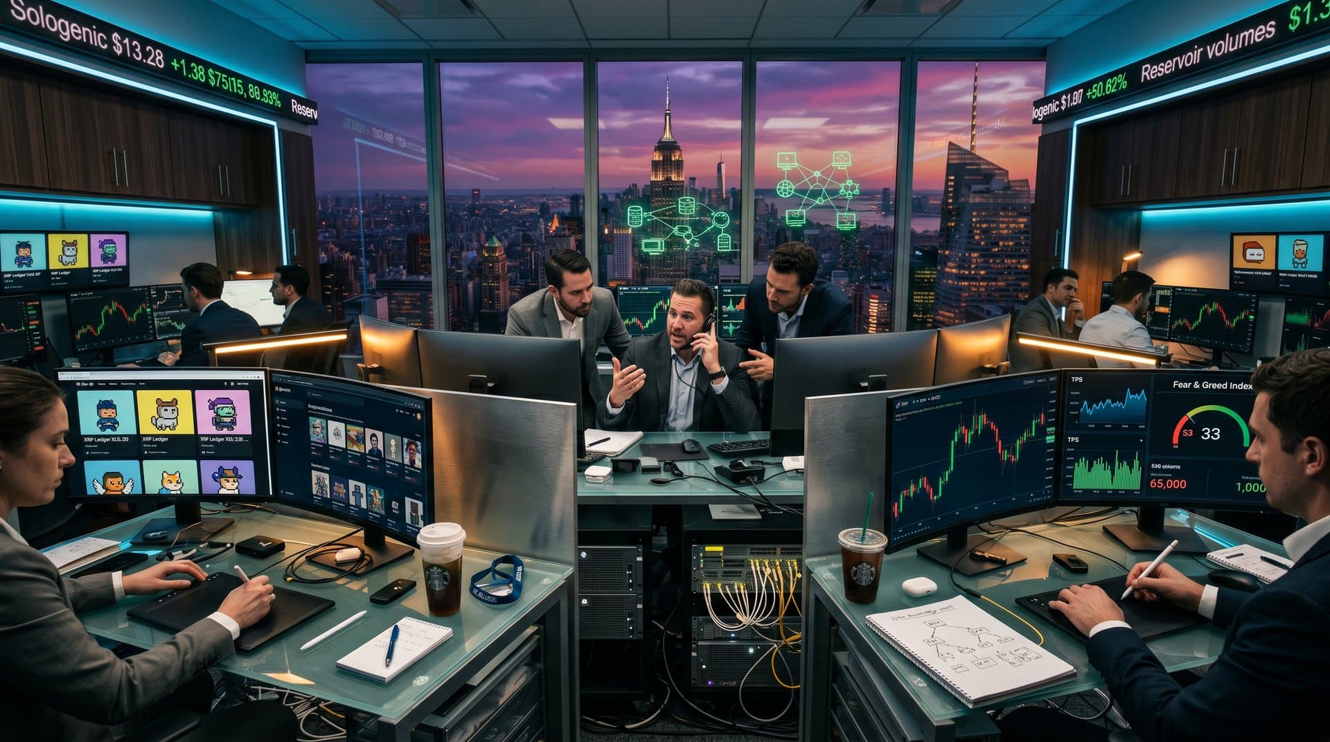 Trading floor monitors show XRP NFTs, ADA charts, and Web3 metrics under blue LED lights with city skyline view