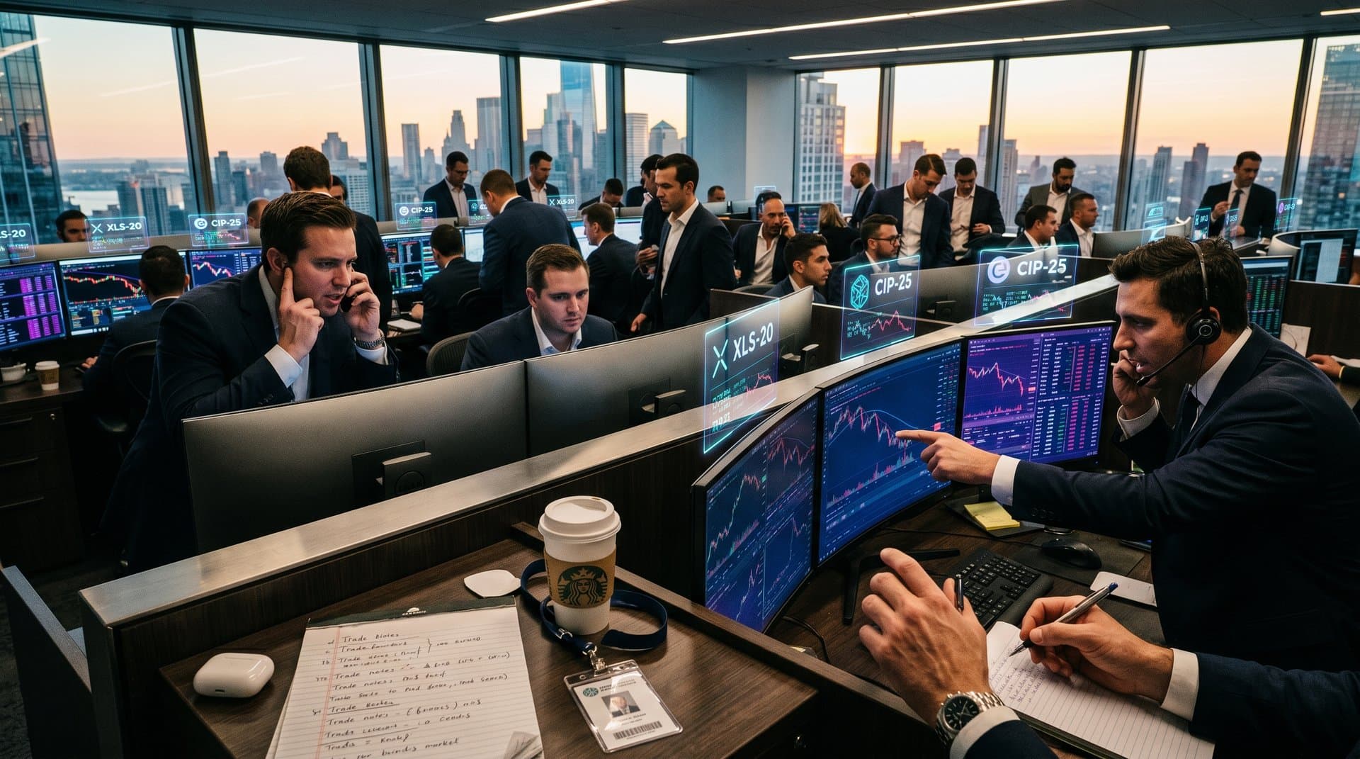 Trading screens show XRP vs Cardano NFT charts and Fear & Greed Index at 26