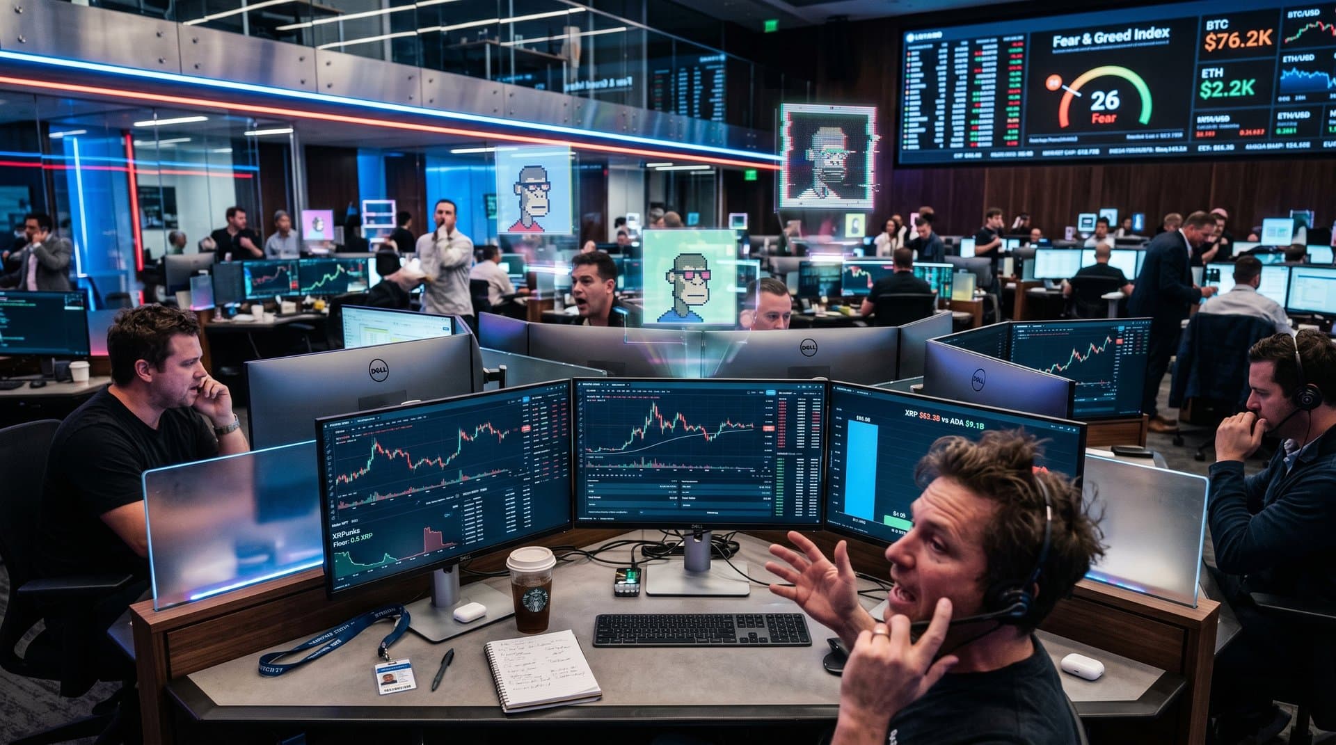 Crypto trading desks with monitors displaying XRP at $1.38 NFT charts, XRPL data vs Cardano, Fear & Greed at 26 in high-tech environment