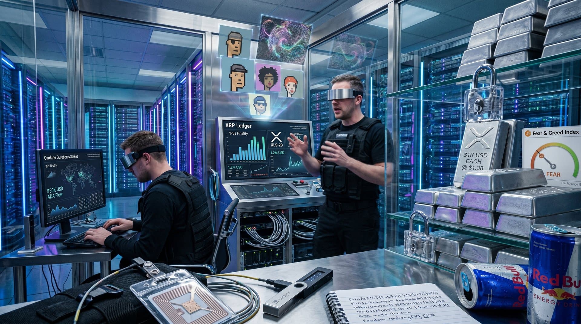 Holographic NFTs secured in blockchain vault with XRPL and Cardano metrics on glowing screens amid cyberpunk data streams.